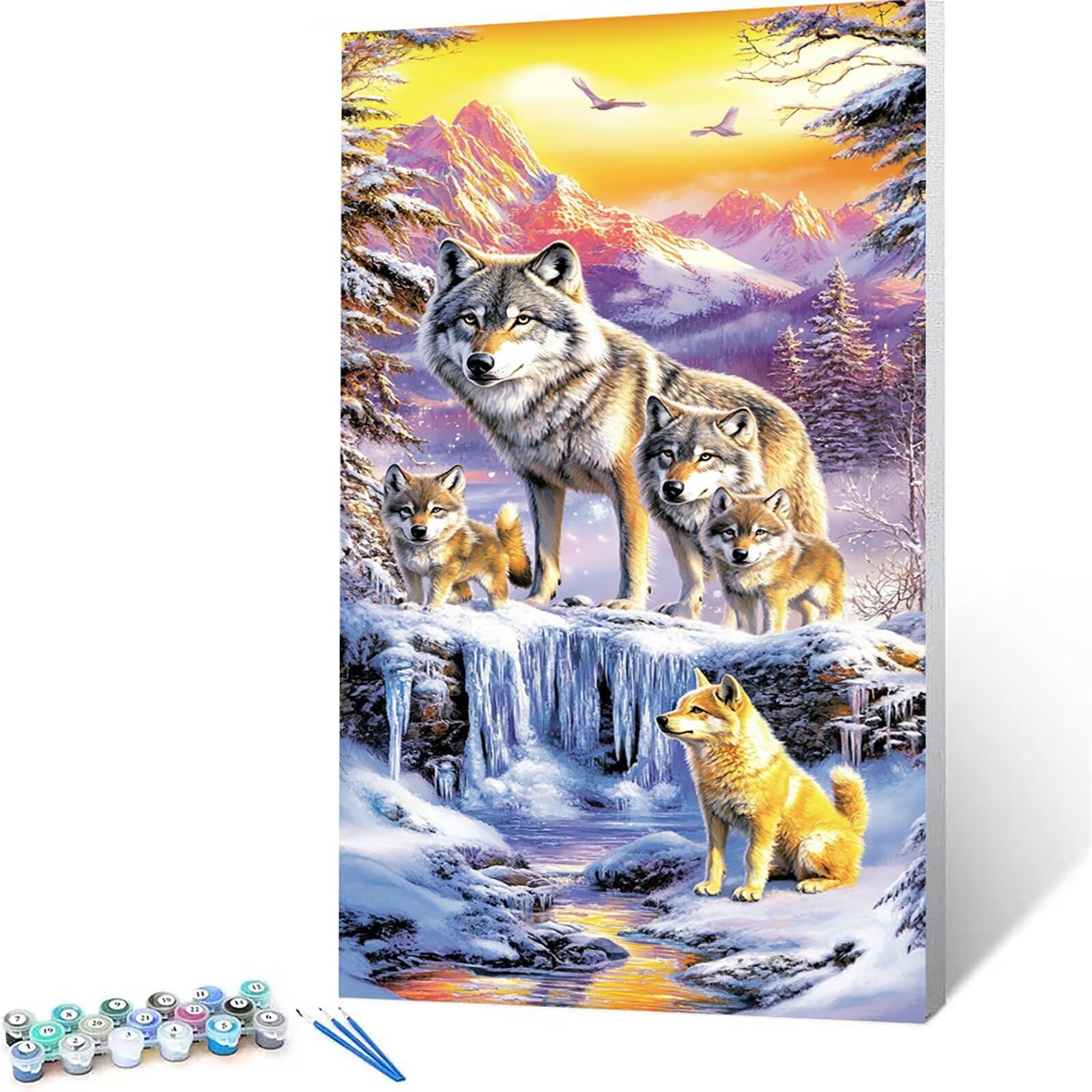 Snow Mountain Zestaw do malowania po numerach, dla dorosłych, wilk po numerach, dla dorosłych, sztuka ścienna, zestaw do malowania olejnego dla dzieci, początkujących, z pędzlami, akrylowym pigmentem,