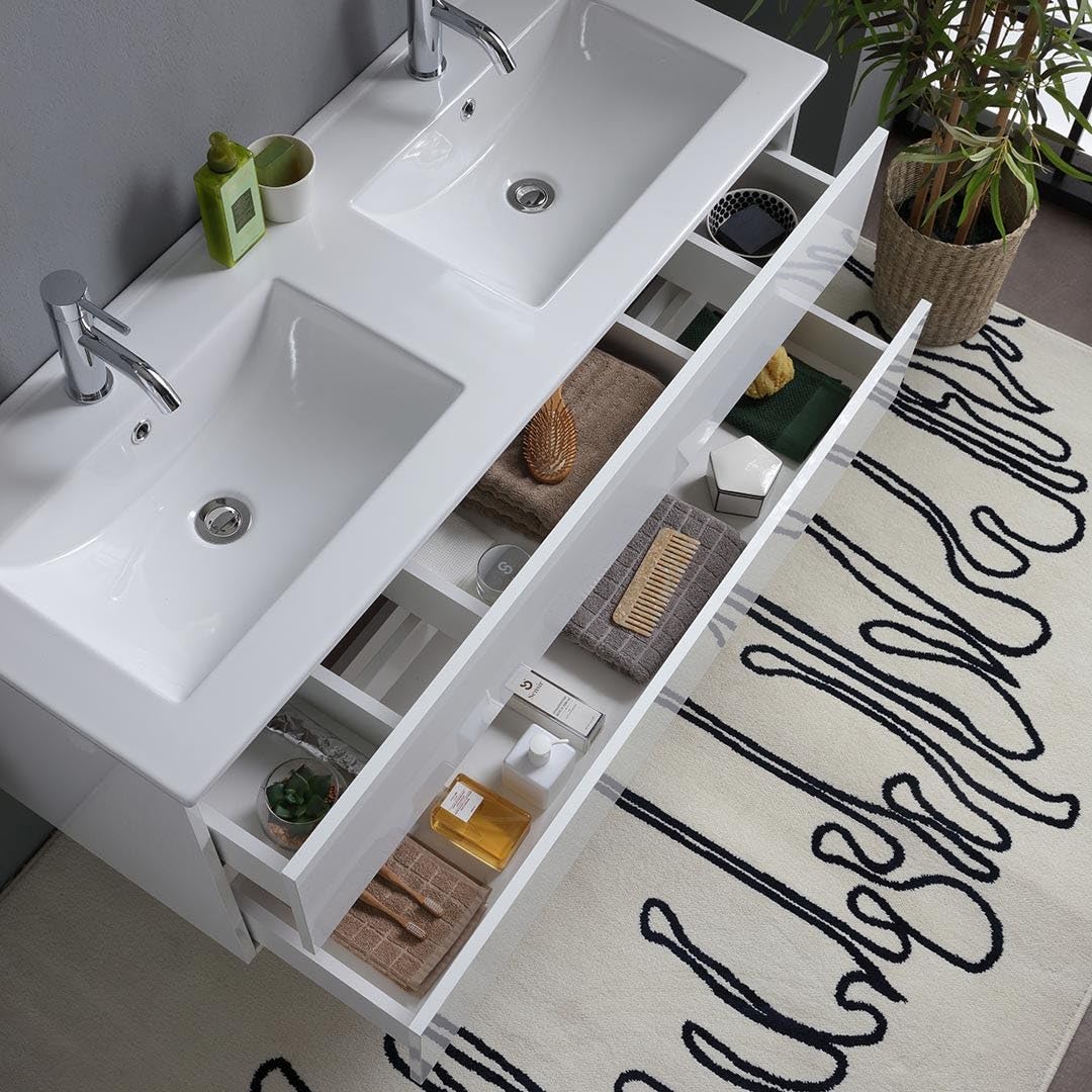 Kiamami Valentina - Mueble de baño Blanco Brillante 120cm, cajones y Lavabo Doble | Benaco
