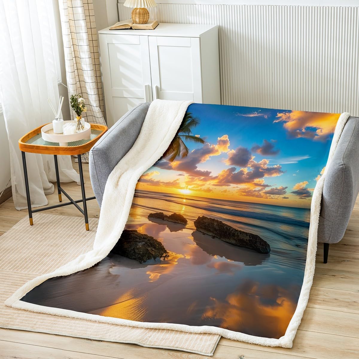 Seaside Night Fleece Blanket,Glitter Purple Starry Moon Sky Bed Blanket for Kids Teens,Hawaii Ocean Waves Tropical Palm Trees Flannel Blanket for Room Decor,Queen 90"x90"