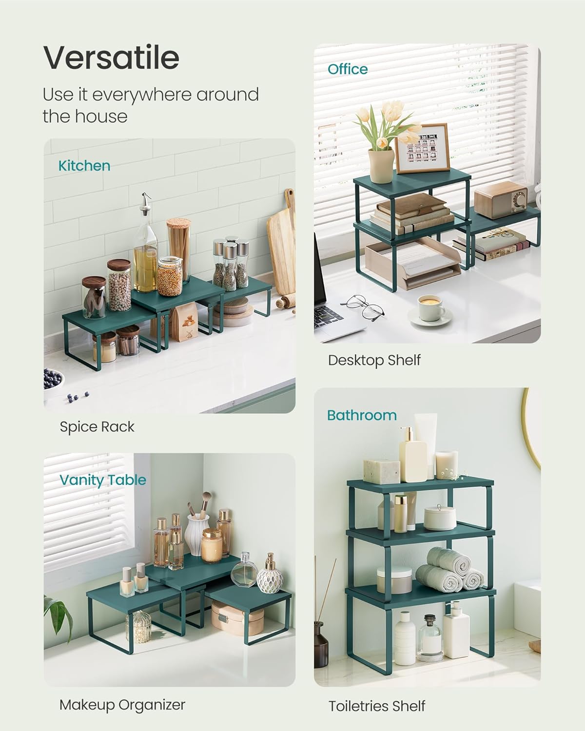 SONGMICS Cabinet Organizer Shelf, Set of 3 Kitchen Counter Shelves, Kitchen Storage, Spice Rack, Stackable, Expandable, Cascade Green UKCS220C01V1 - Image 4