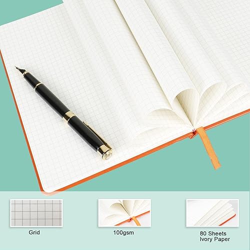 Miniatura 3 de Cuaderno cuadriculado con diseño de viñetas, cubierta de cuero naranja, 8.3 x 5.7 pulgadas, 160 páginas, papel de 3.53 ozm, tapa dura con bolsillo