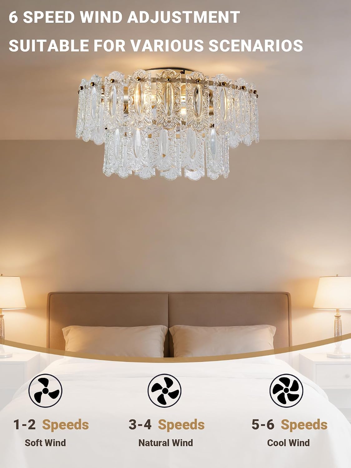 20inch Gold Caged Ceiling Fans with Lights,Crystal Flush Mount Fandelier Ceiling Fan with Light and Remote,Low Profile Ceiling Fan with Light for Bedroom,Dining Room,Living Room