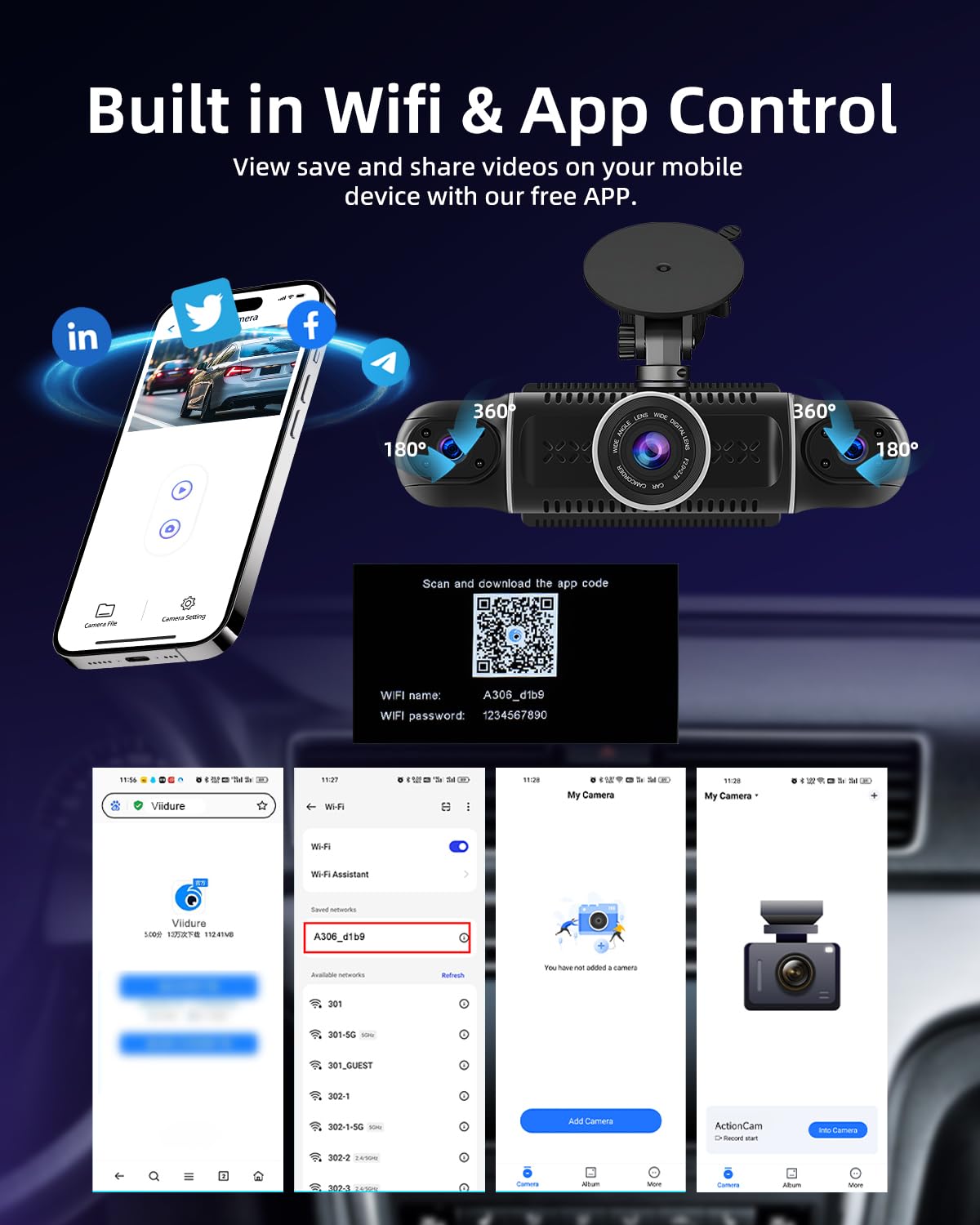 NHOPEEW Dash CAM de 4 Canales - 360°rotación Frontal Trasera Interior Izquierda Derecha 3 Pulgadas Auto Dashcam - Soporta grabación en Bucle G-Senseor Parking Monirot WiFi + Tarjeta de 64GB Gratis
