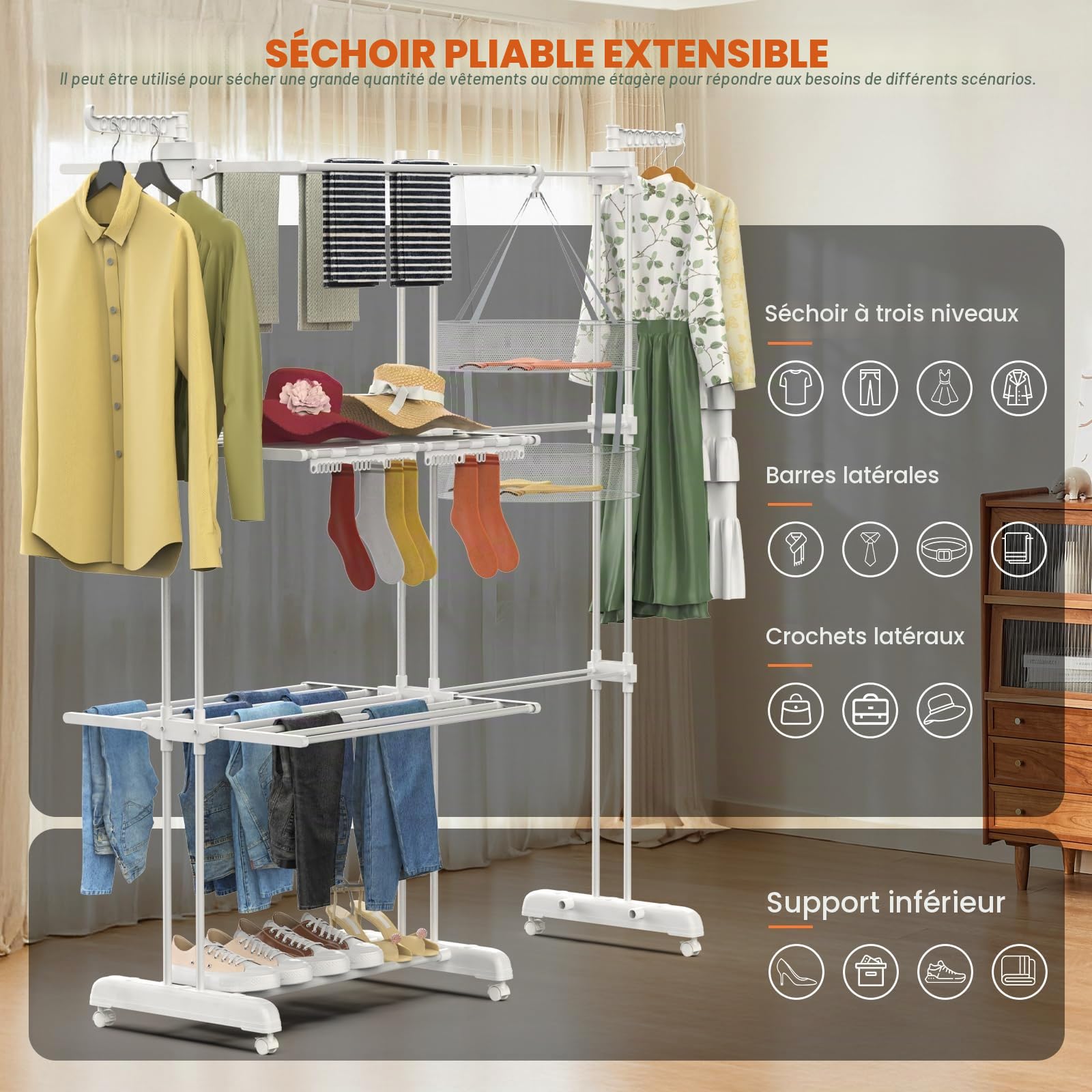 Huracan Turm Séchoir à linge sur pied à 3 niveaux avec porte-chaussettes, étendoir à linge pliable avec roulettes pour l'intérieur et l'extérieur, tour de linge télescopique, porte-linge blanc