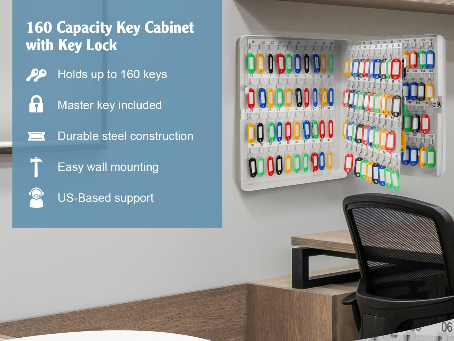 Barska 160-Key Organizer Lock Box – Wall Mount Steel Key Cabinet with Numbered Hooks, Color-Coded Key Tags & Secure Lock – Gray- Key Storage Wall Mount - Lockbox for Keys- Wall Mounted Key Box