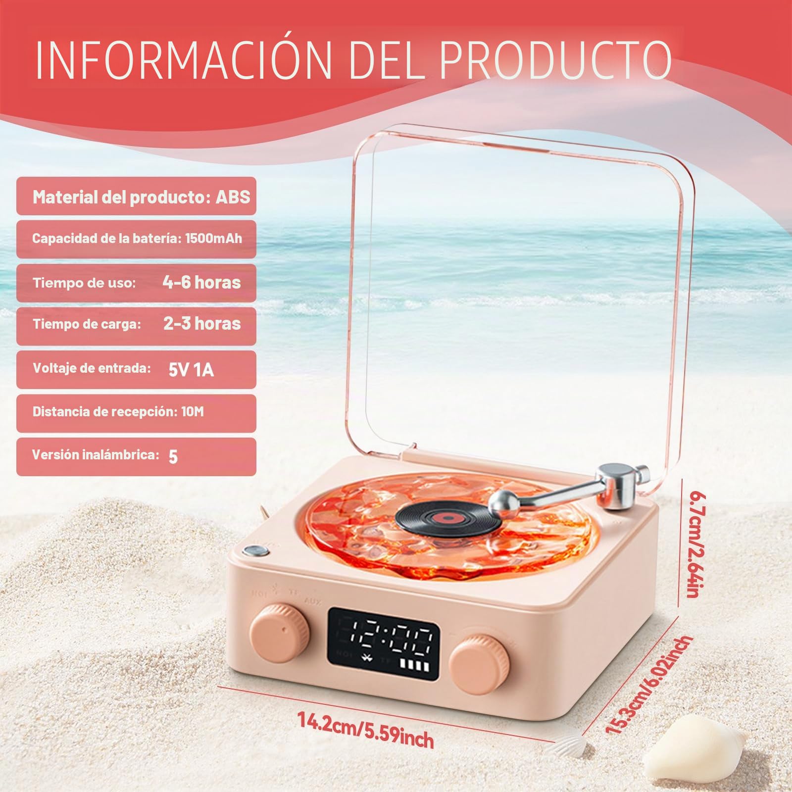 Reproductor de vinilo The Waves Mini altavoz retro de ruido blanco portátil con 4 sonidos de la naturaleza, altavoz portátil de ondas con luz RGB (rosa)
