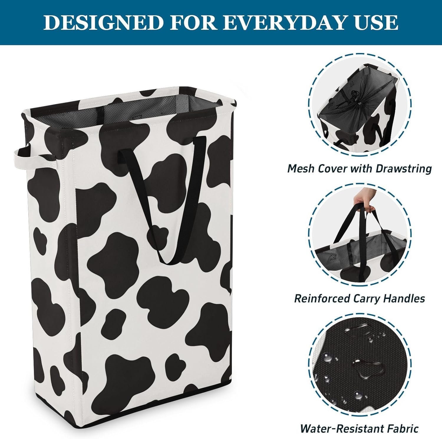 Cow Print Black White Laundry Bin with Handles Tall Laundry Baskets Stand up Teen Dirty Clothes Hamper for Bathroom cestos para ropa sucia