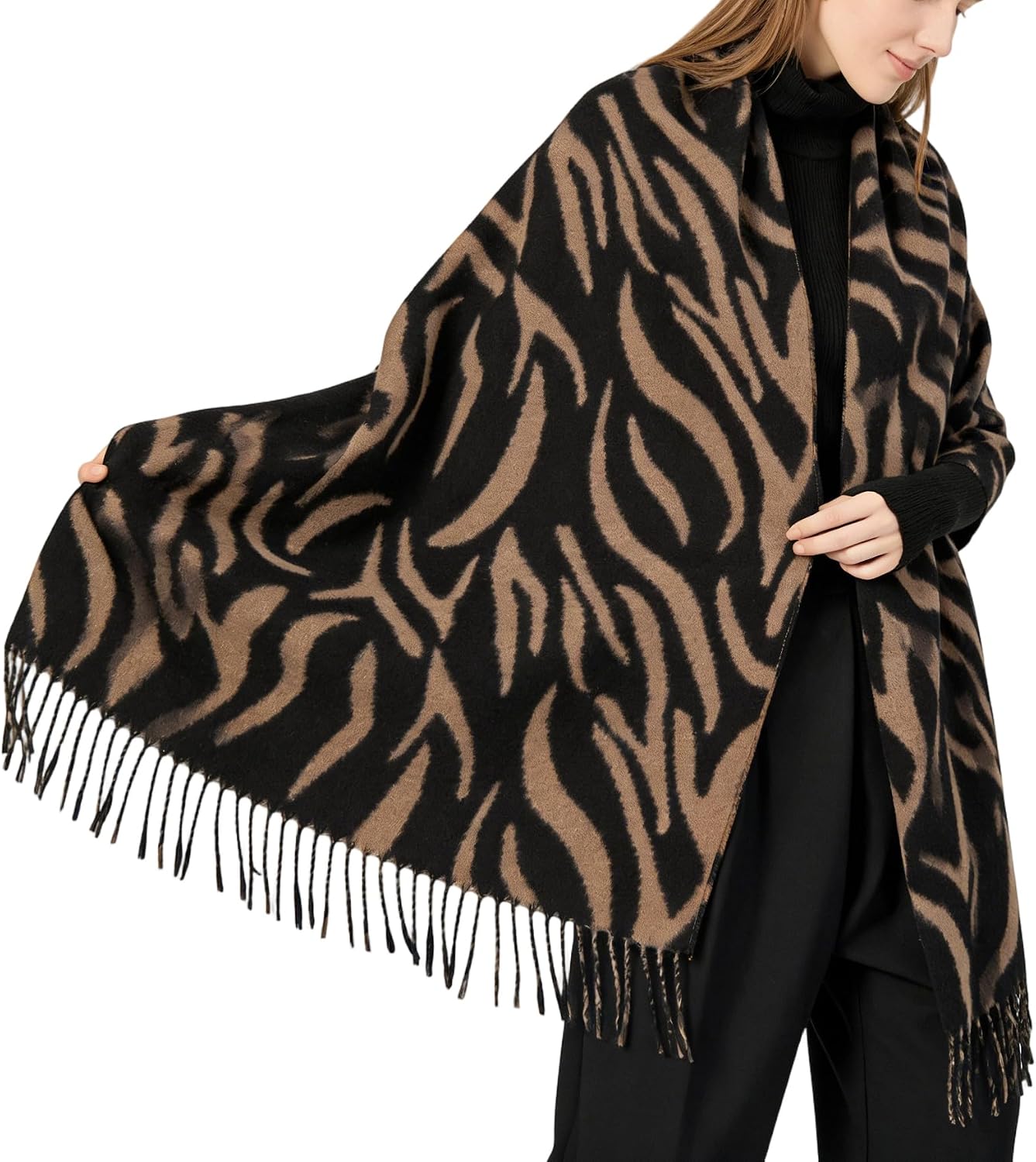 Women's Fashion Cozy Winter Scarf, Zebra Print Soft Long Double-Sided Shawl with Tassels, Oversized Warm Scarf Wrap