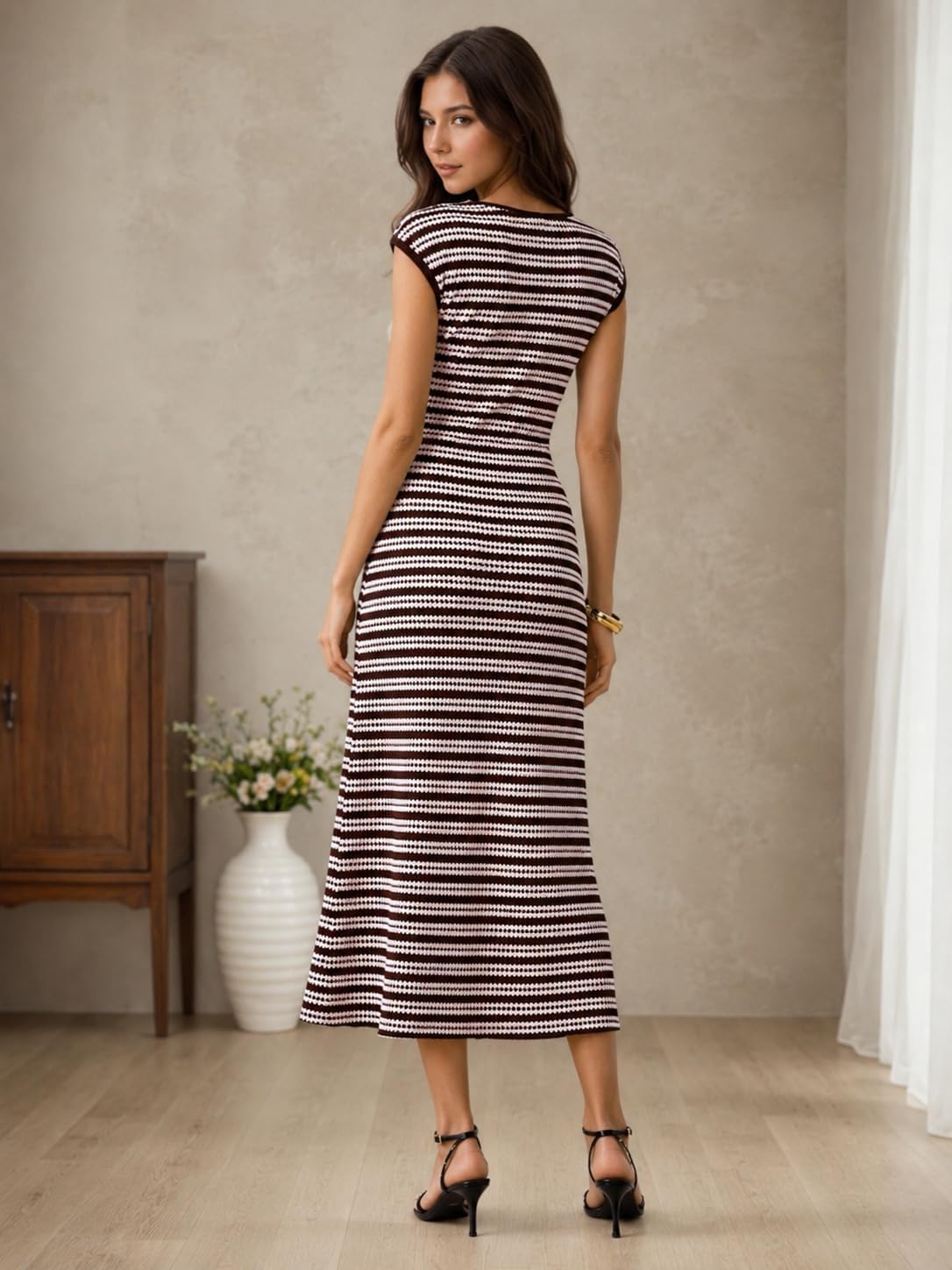 itnpbwus Women's Striped Midi Dress Casual Work Crew Neck Cap Sleeve Knit image 5