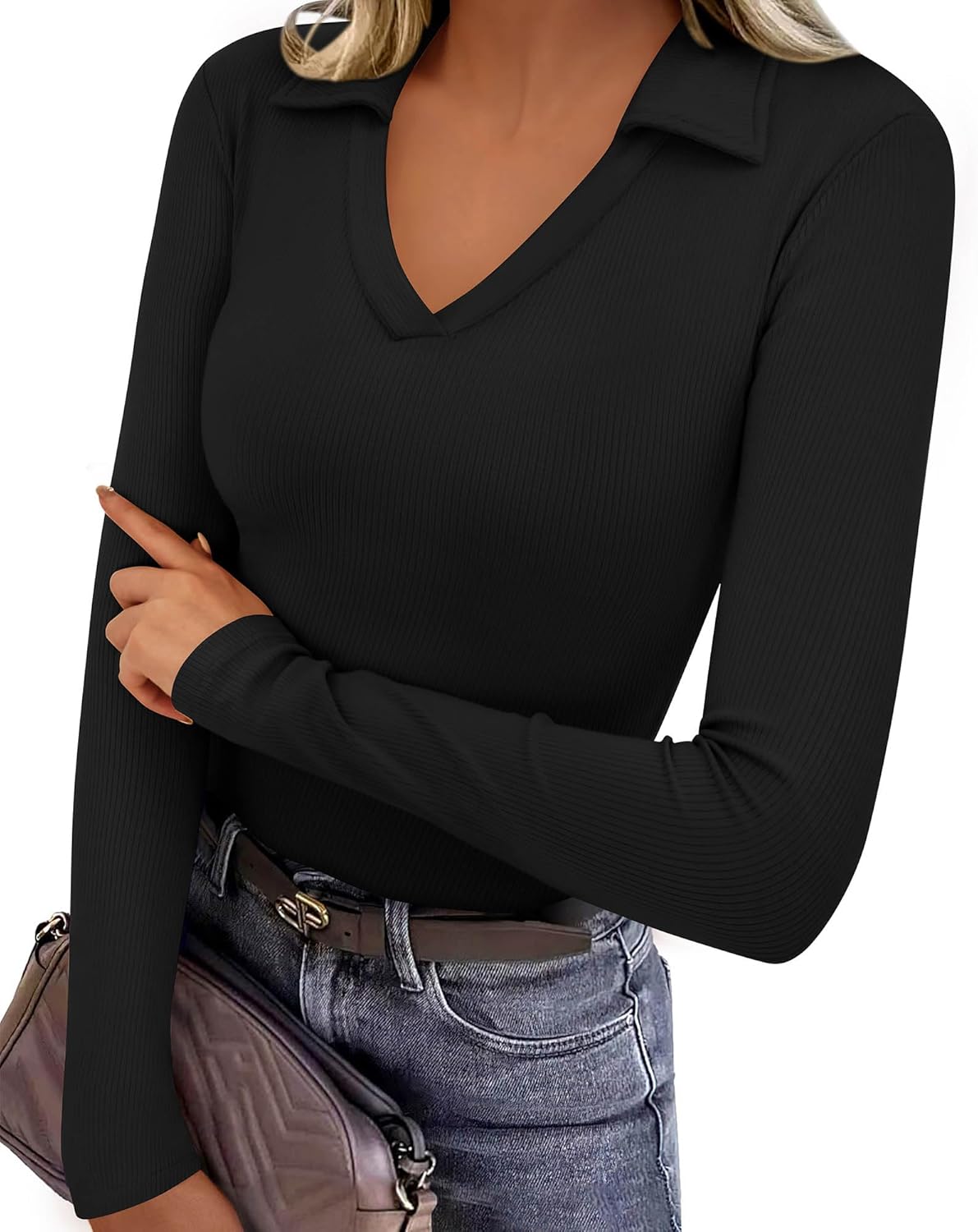 KIRUNDO Polo Shirts for Women Long Sleeve Business Casual Tops 2026 Spring Fall Ribbed Knit Collared V Neck Slim Work Blouses - Image 4