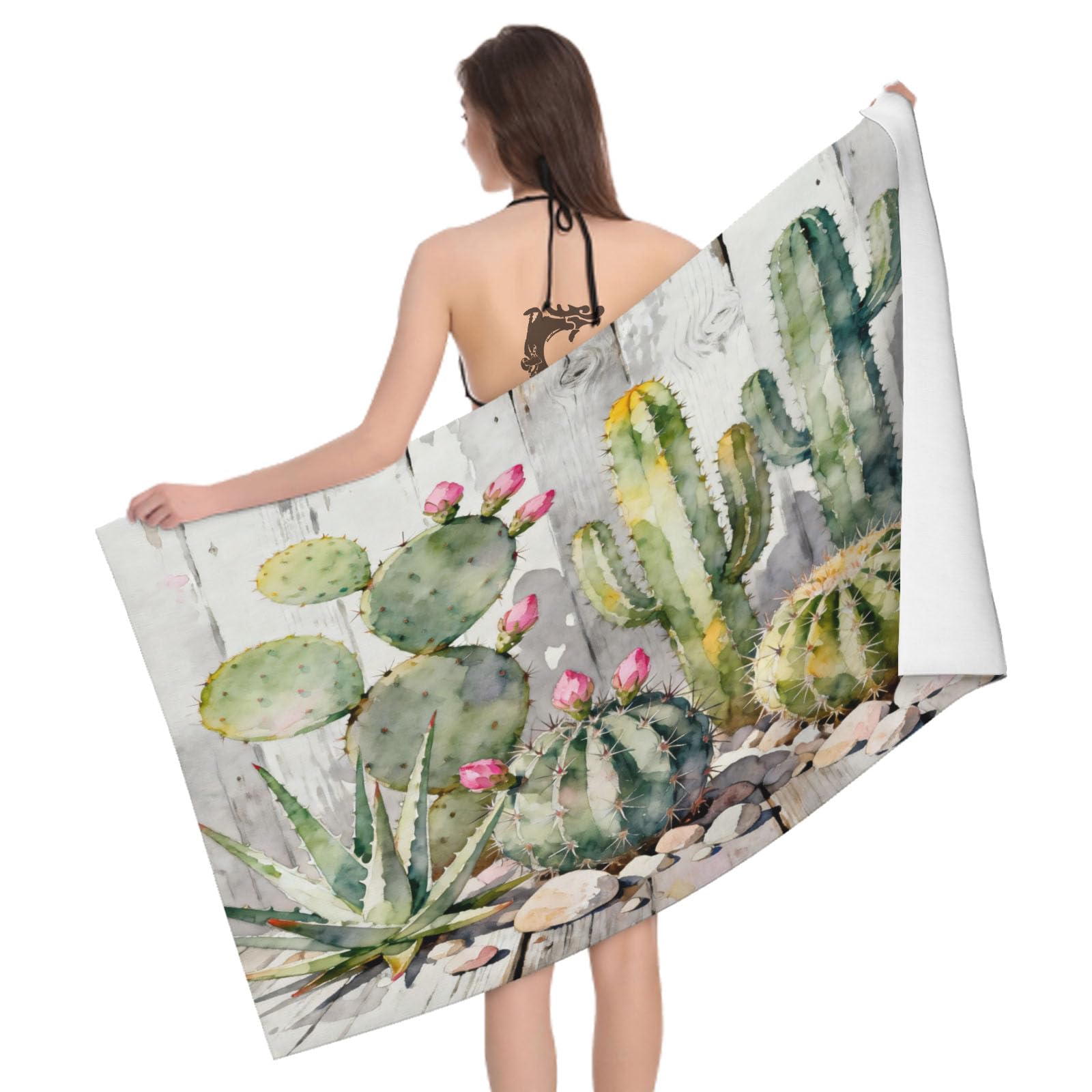 Leichong 3D Cartoon Cactus Beach Towel Large Microfiber Soft Quick Dry for Adults, Watercolor Printed Bath Towel Lightweight Soft Absorbent for Travel Swimming Pool Sports, 80 x 160 cm