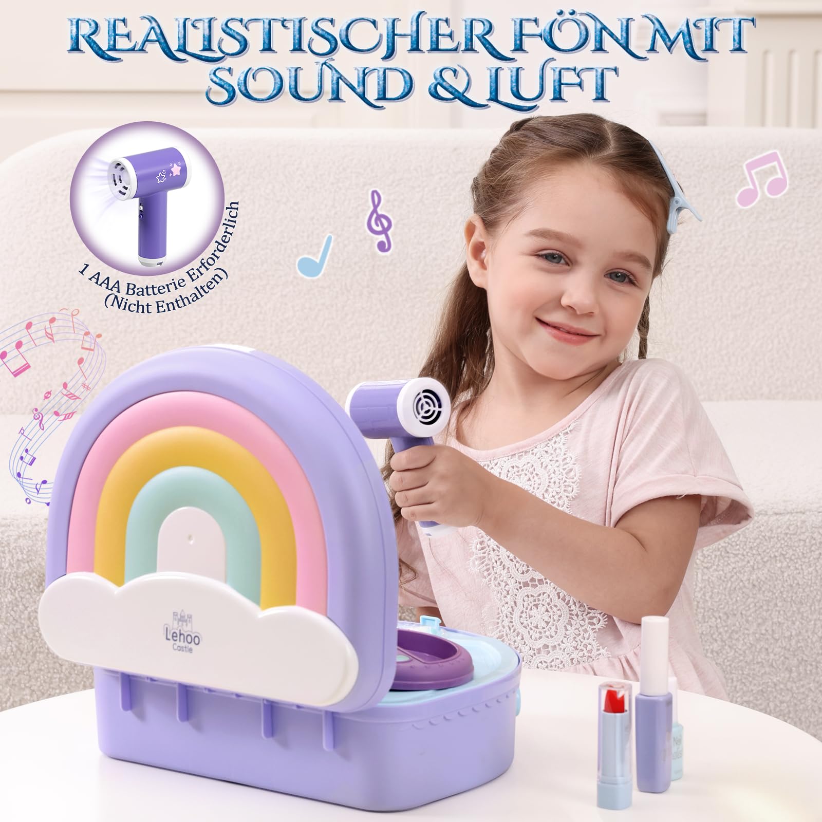 Lehoo Castle Tragbarer Schminktisch Mädchen Spielzeug ab 3 Jahren, 2-in-1 Kinderschminke Set mit Licht & Musik, Schminkset Weihnachts Geburtstags Geschenke für Mädchen