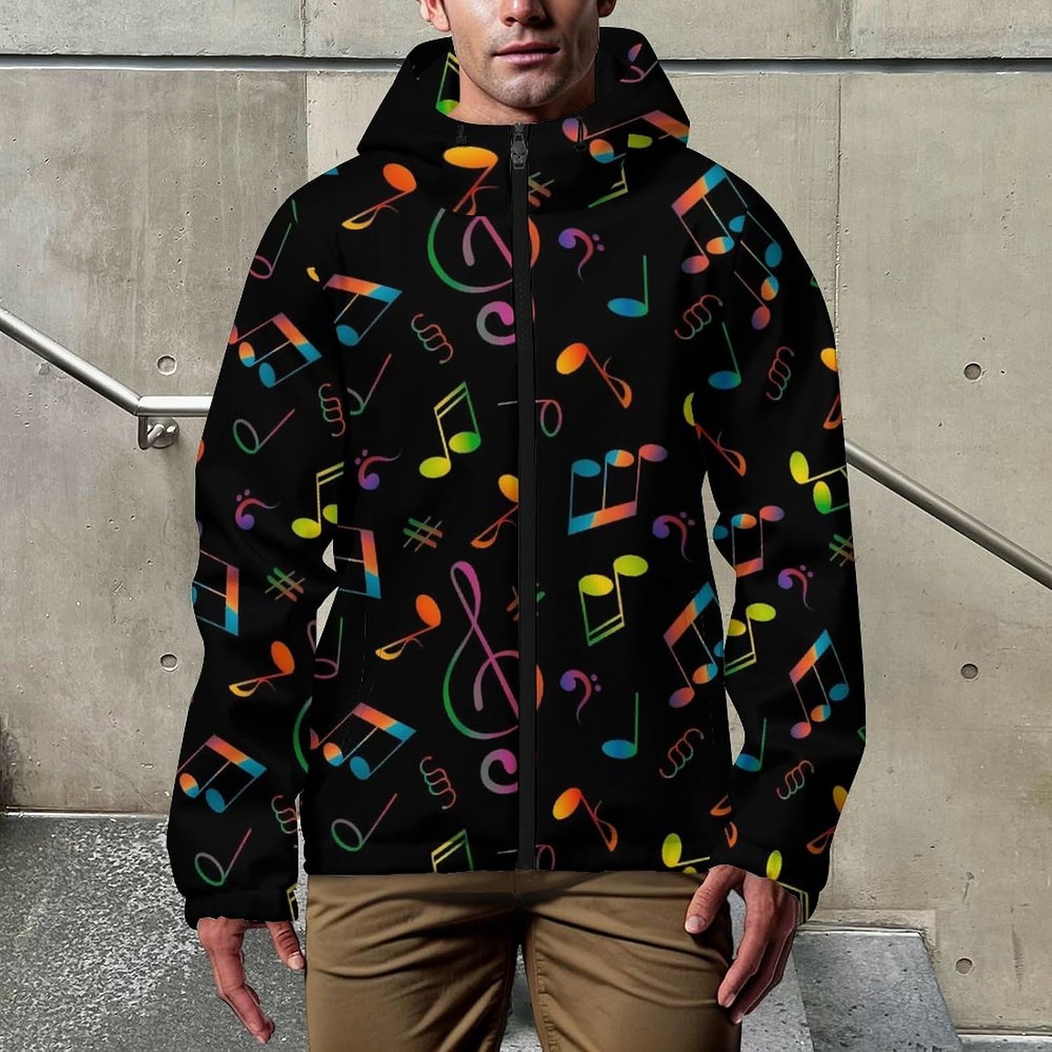 Musical Note Men's Windbreaker Jacket Lightweight Hooded Windbreaker Coat with Pockets