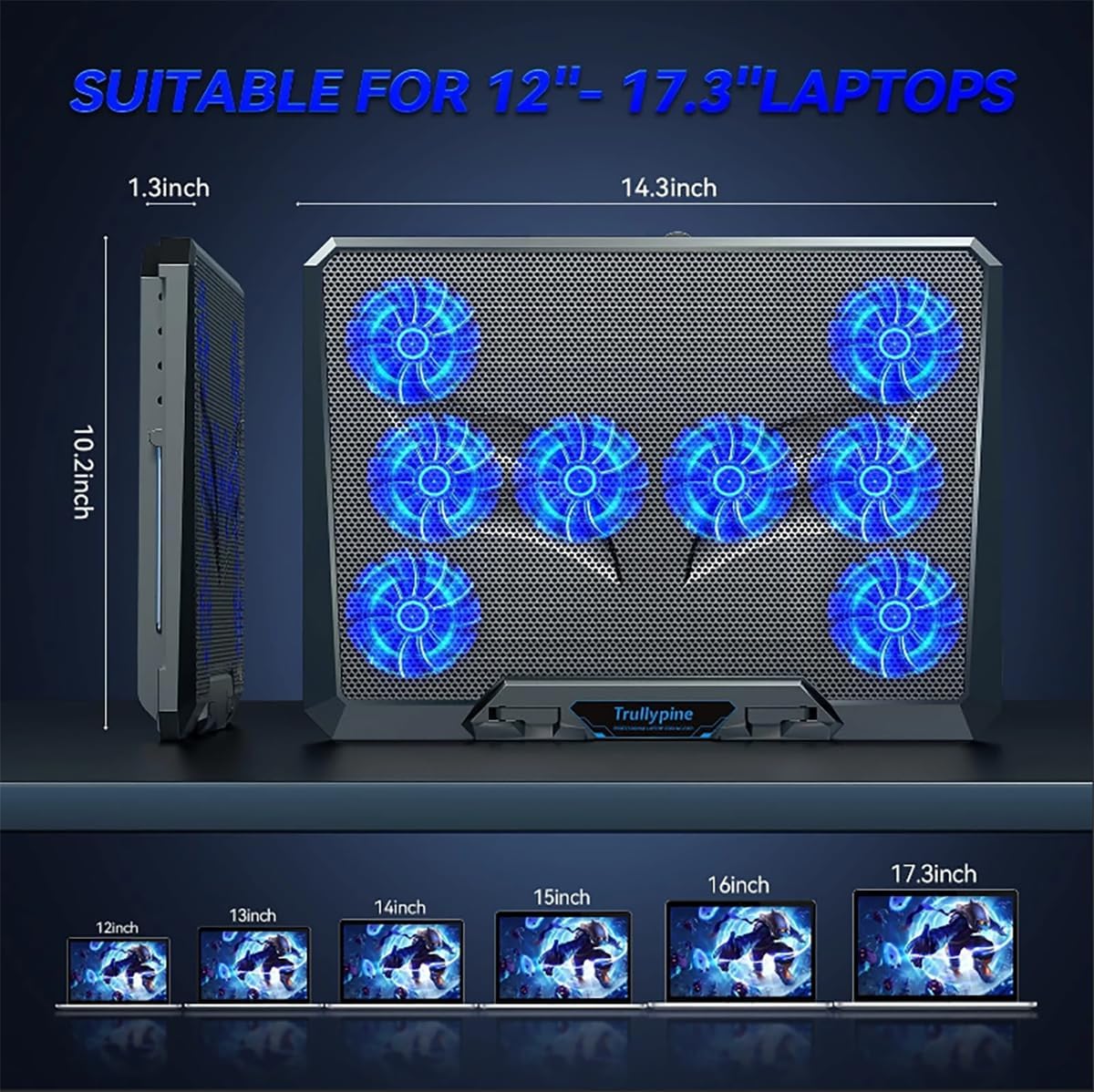 Cooling pad for Dell XPS 13 14 15 16 17 Laptop, with 8 Fan, Adjustable Speed, 5-Level Height Adjustment, Mute Silent,Built-in Phone Stand