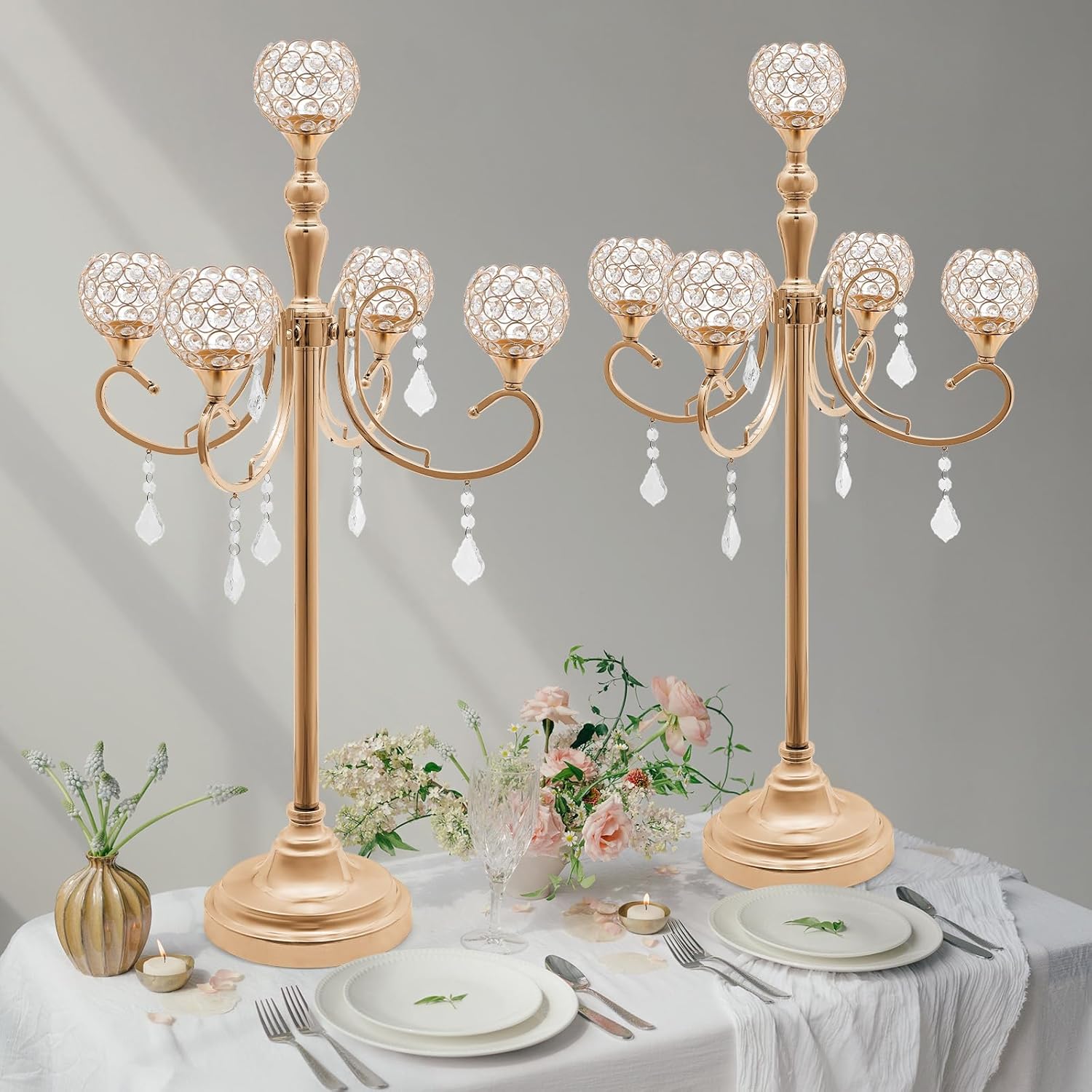 2 Pcs 5-Arm Crystal Candelabra Centerpieces for Table, 33.8 Inch Tall Gold Candle Holder Stand with Pendants, Elegant Candlestick Decoration for Wedding Party Home Dining