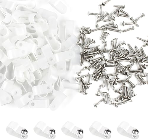 Miniatura 7 de RGBZONE 120 clips de cable tipo R blancos de 38 pulgadas con tornillos, clips de alambre de plástico de nailon para gestión de cables eléctricos en