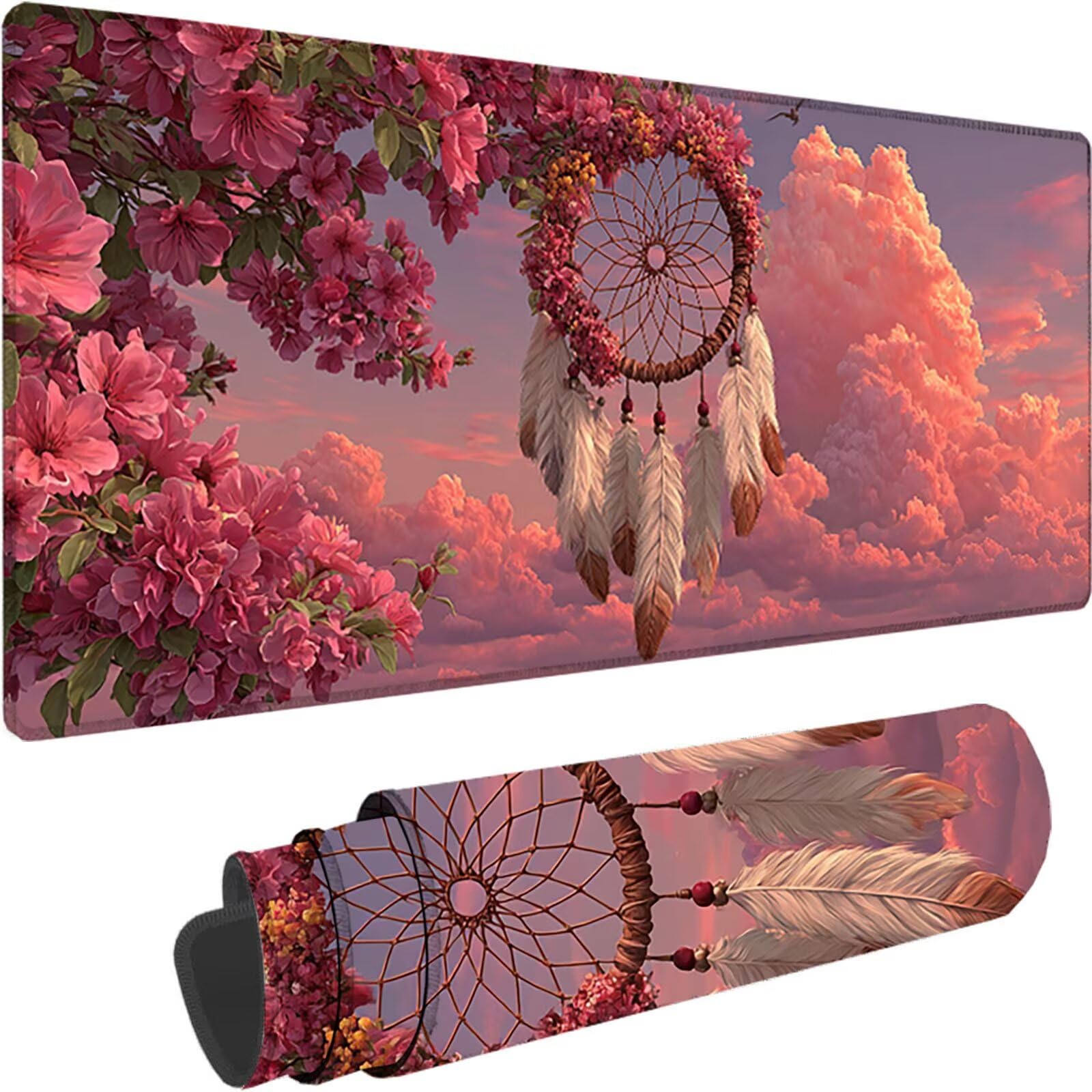 Rosa Alfombrilla Ratón XXL 1600x800x3 mm Grande Alfombrilla Ratón Gaming AtrapaSueños Art con Bordes Cosidos Diseño, Base de Goma Antideslizante Mouse Pad para PC Gaming Protector Escritorio z-7563