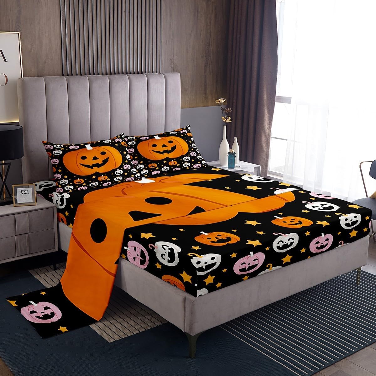 jejeloiu Happy Halloween Bed Sheets Set Twin Size Horror Theme Bed Set for Kids Boys Girls Pumpkin Deep Pocket Fitted Sheet Black Breathable Soft Lightweight Microfiber