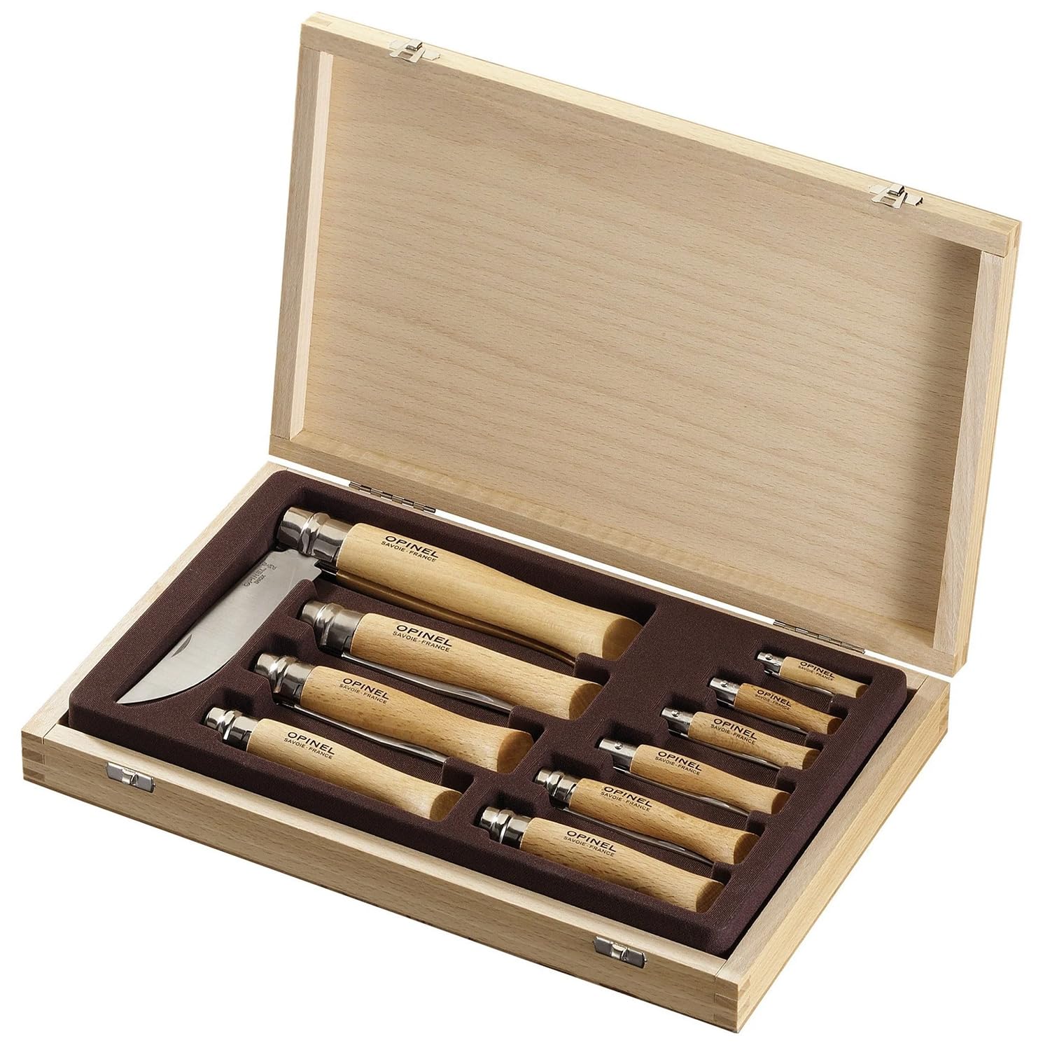 Opinel - Coffret Collection 10 Couteaux de Poche - N°02, 03, 04, 05, 06, 07, 08, 09, 10 et 12 - Lame Acier Inox, Manche Bois de Hêtre - Fabrication Française
