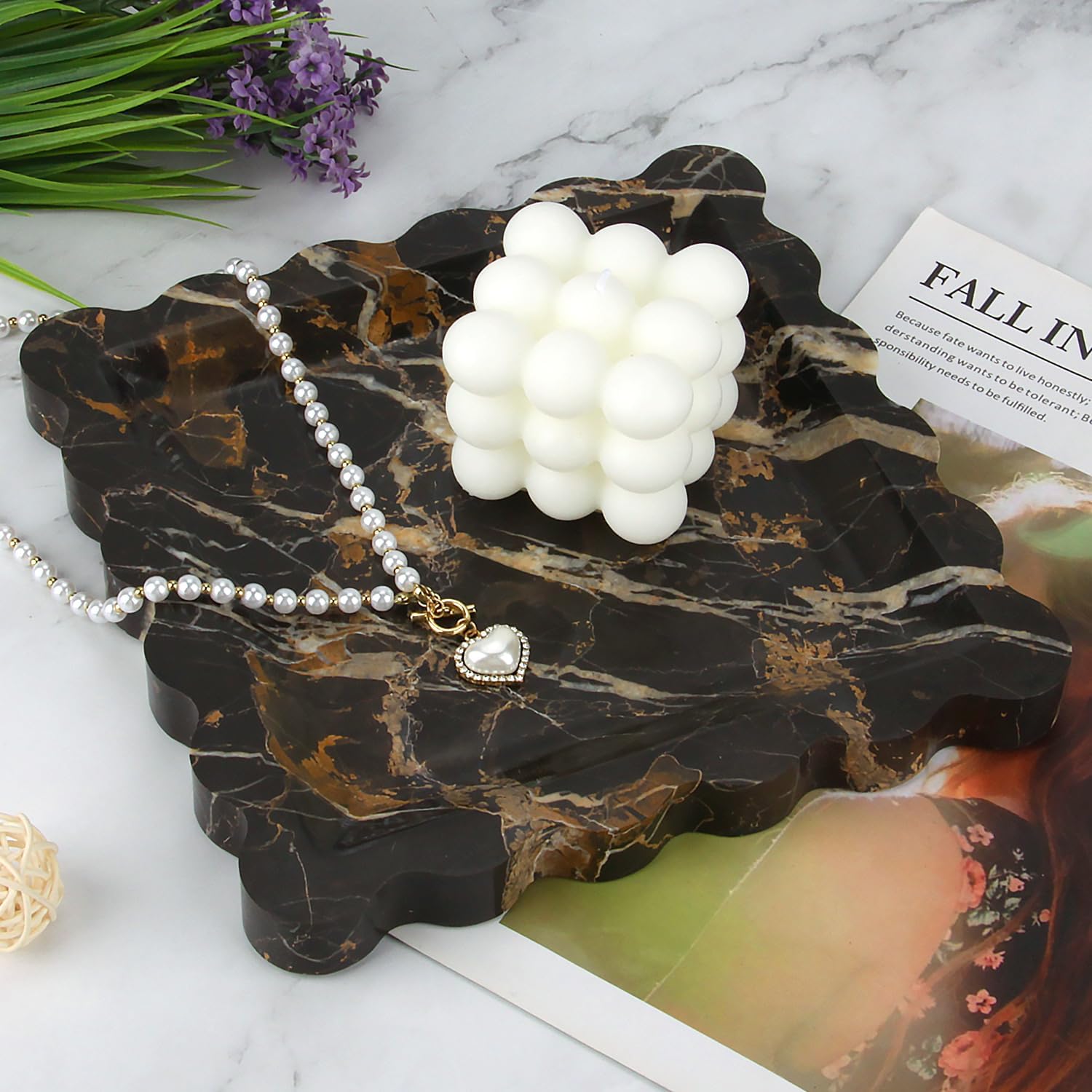 Square Marble Decorative Tray with Scalloped Edge,Luxury Natural Stone Bathroom Vanity Tray, Dresser Top Perfume Coffee Home Kitchen Toilet Sink Tray, Key Trinket Ring (Black Gold, 8 * 8)