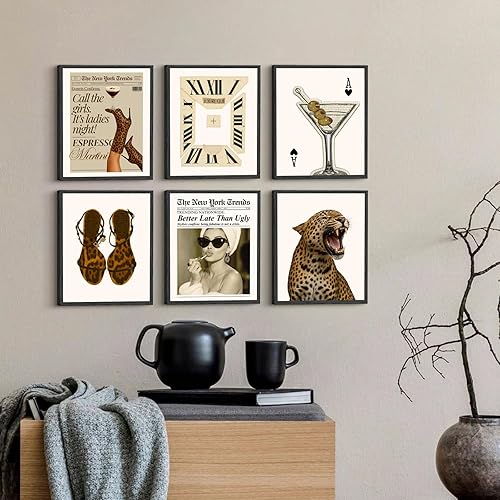 Miniatura 6 de Aroutde 6 piezas de lienzo retro de leopardo, arte de pared de lujo de moda Y2K, decoración estética de guepardo, póster de periódico funky para