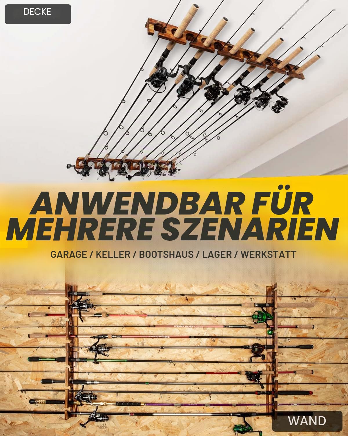 Ghosthorn Für bis zu 12 Ruten, Angelrutenhalter, Wand- oder Deckenmontage, für Garage, Aufbewahrung, Organizer, Angelausrüstung, Geschenke für Männer und Frauen