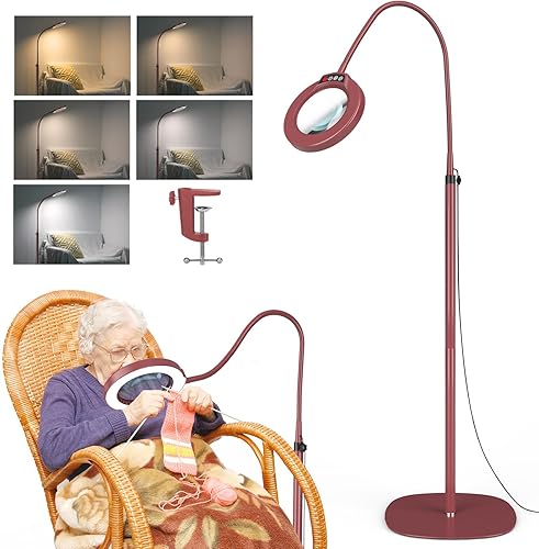 Miniatura 12 de Lupa 10X con luz y soporte, lámpara de pie flexible de cuello de cisne de 24 pulgadas, LED 3 en 1, 5 modos de color, lupa iluminada regulable sin