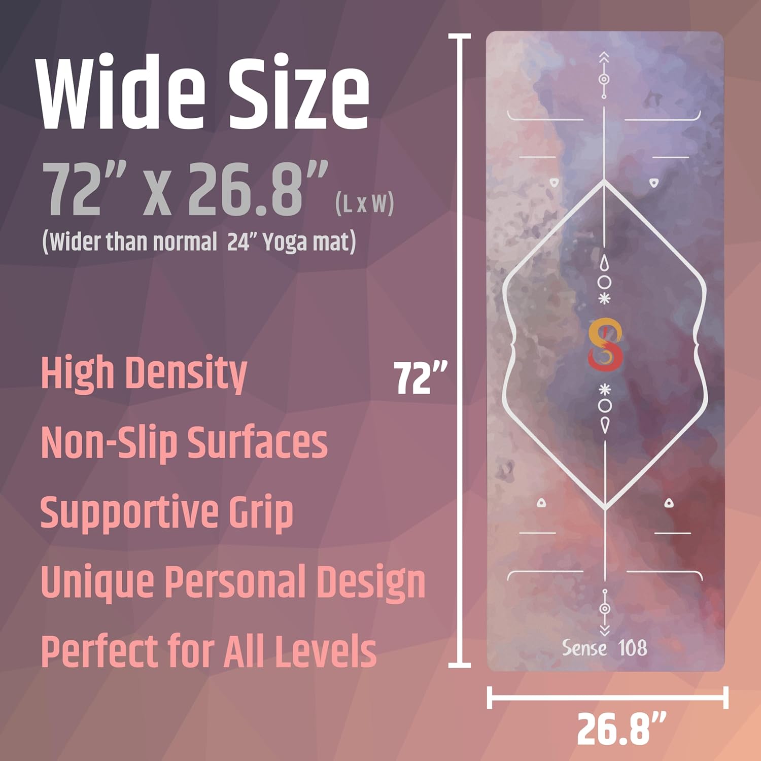 Sense108 | Eco PU Yoga Mat – 5mm Thick Cushion, Extra Wide 72"x26.8" Anti-Slip & Sweat-Wicking for Bikram, Pilates & Hot Yoga
