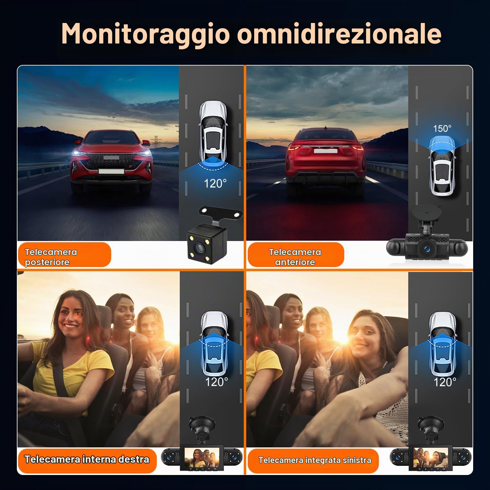 Mirror Dash Cam 4 Canali Anteriore Posteriore, Telecamera per Specchietto Retrovisore con 64GB Card/G-Sensor/Parking Monitoring/Night Vision/24H Parking Mode+Telecamera Posteriore Impermeabil