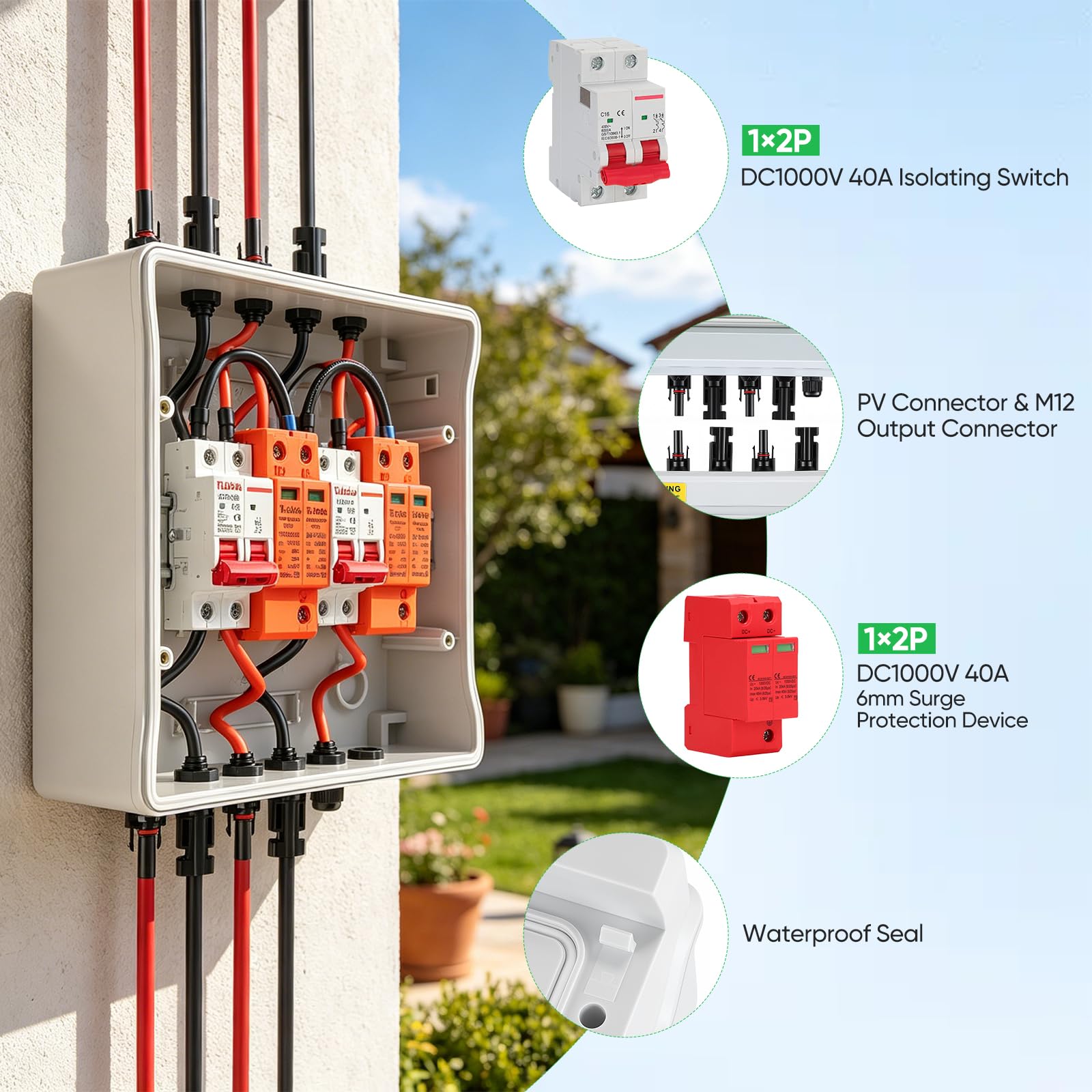Caja Distribución, Solar Fotovoltaica 1000V 40A 2 en 2 Salida 2 String PV DC Interruptor Aislamiento Caja Combinadora Solar Distribución IP65 Impermeable para Sistemas Solares Fotovoltaico