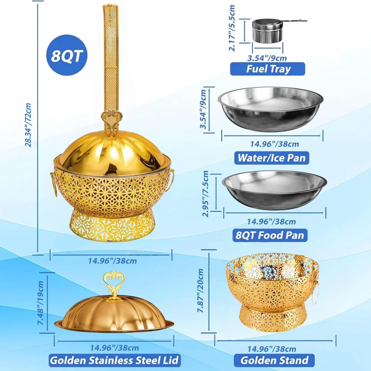 Gold Chafing Dishes for Buffet,8Qt Luxury Chafing Dish with Hanging lid,Elegant Hollow-Out,Food Warmers for Parties Buffet for Catering & Events,4 Packs