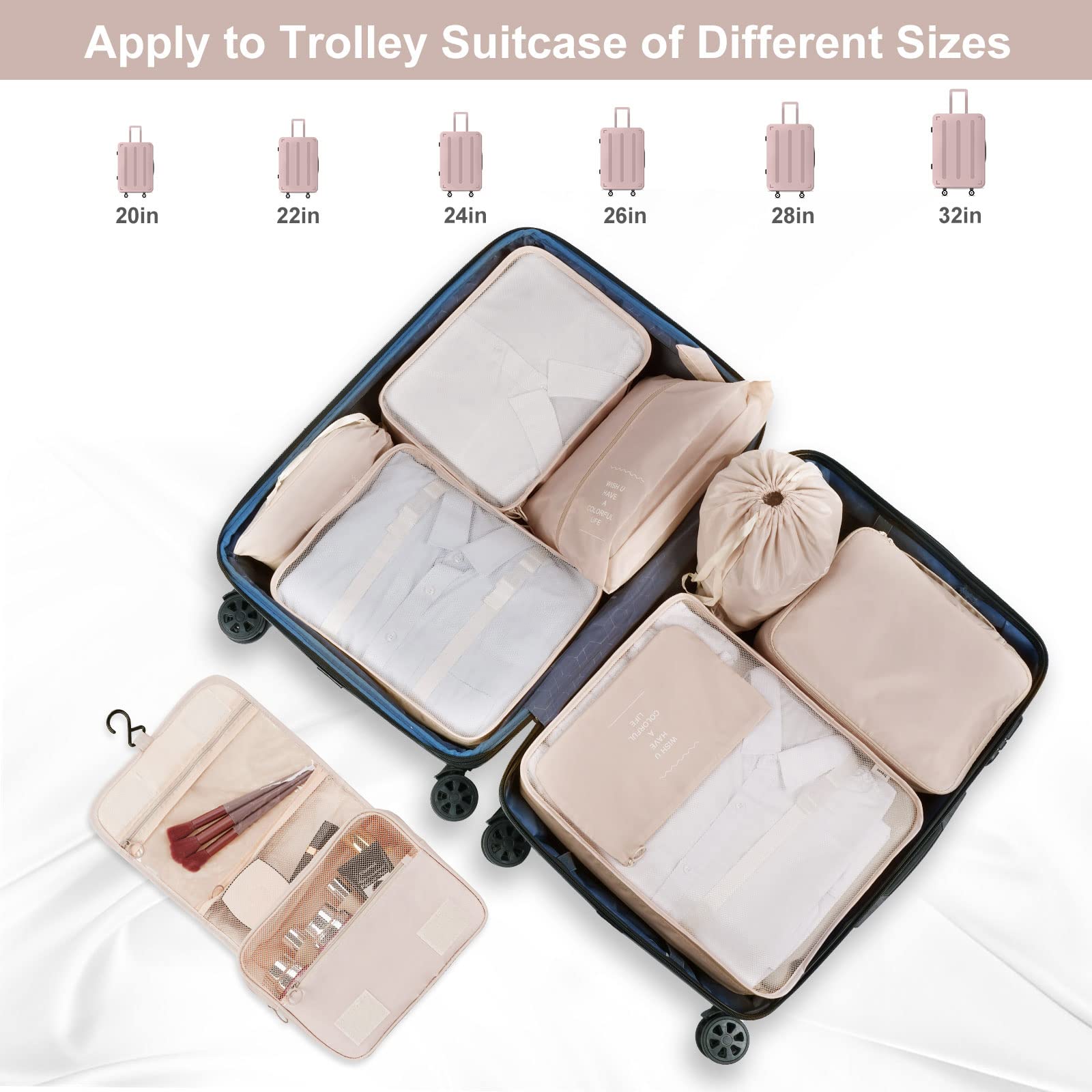 Organizer Valigie Set di 9, Cubo di Viaggio Cubi di Imballaggio, Cosmetici Abbigliamento Intimo Calzature Organizzatori Sacchi Valigia di Stoccaggio Set, Beige