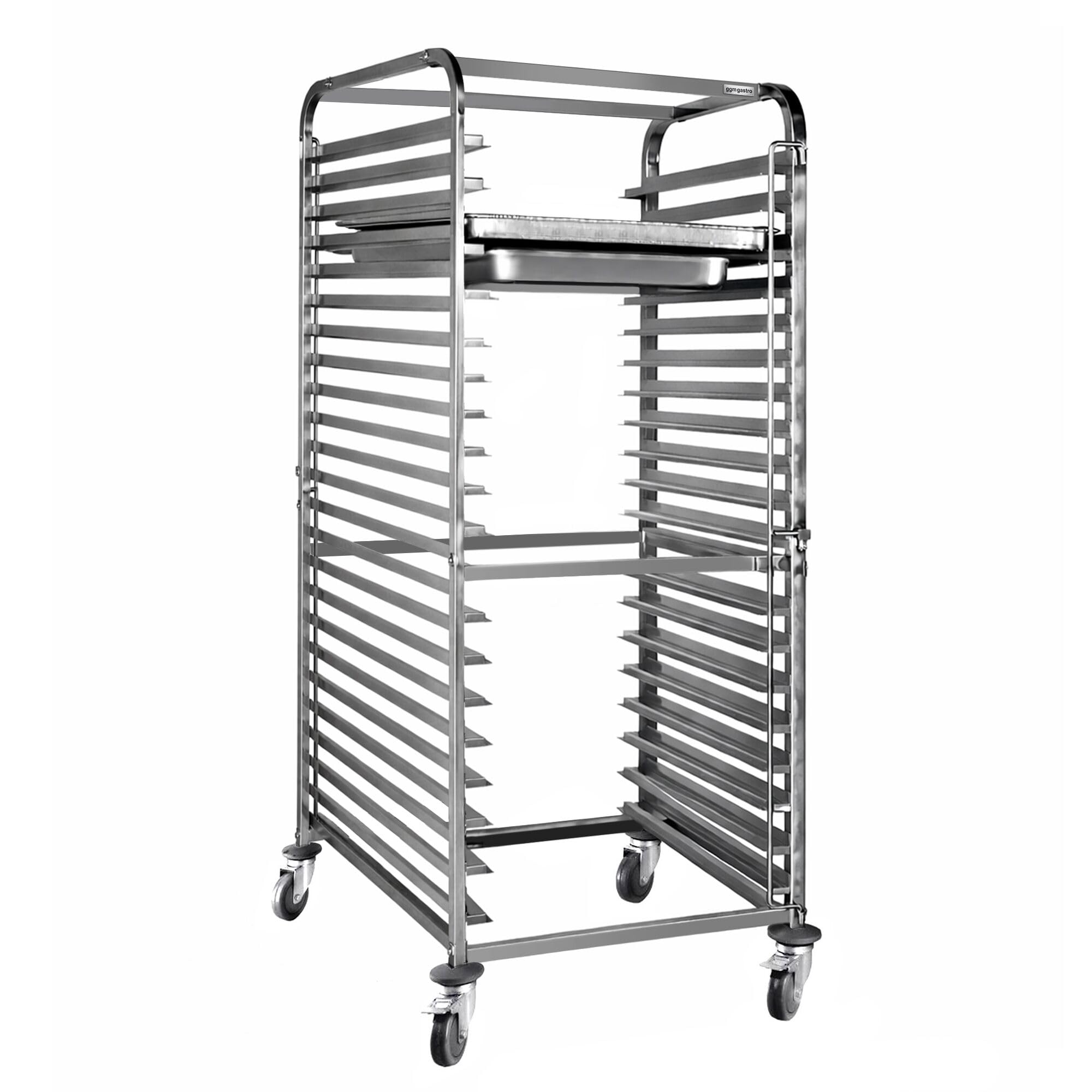 Tablettwagen - für 18 Tabletts GN 1/1 & EN 600x400 | Hochwertiger Edelstahl AISI 304, für den Dauereinsatz konzipiert, leichte Reinigung, sicher arretierbar, mobil einsetzbar