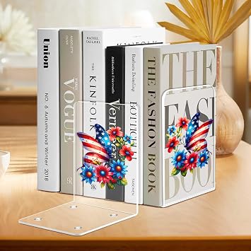 Acrylic Bookends Clear Butterfly Book Ends for Shelves, Invisible Book Holder Stand for Patriotic Decor for School Home Office Shelves, Book Stoppers for Heavy Duty Books,CD, File Organizer