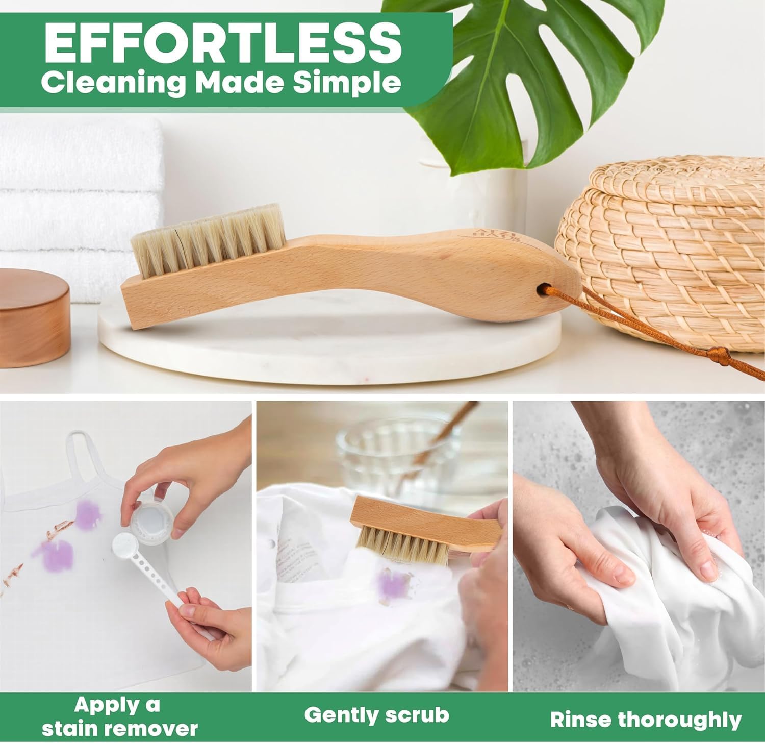 Laundry Stain Remover Clothes Brush Set of 2 Natural Soft Boar Bristle White & Black for Scrubbing Out Tough Stains on Delicate Fabrics, Knits, Cotton, Linens, Small Brush - Image 2