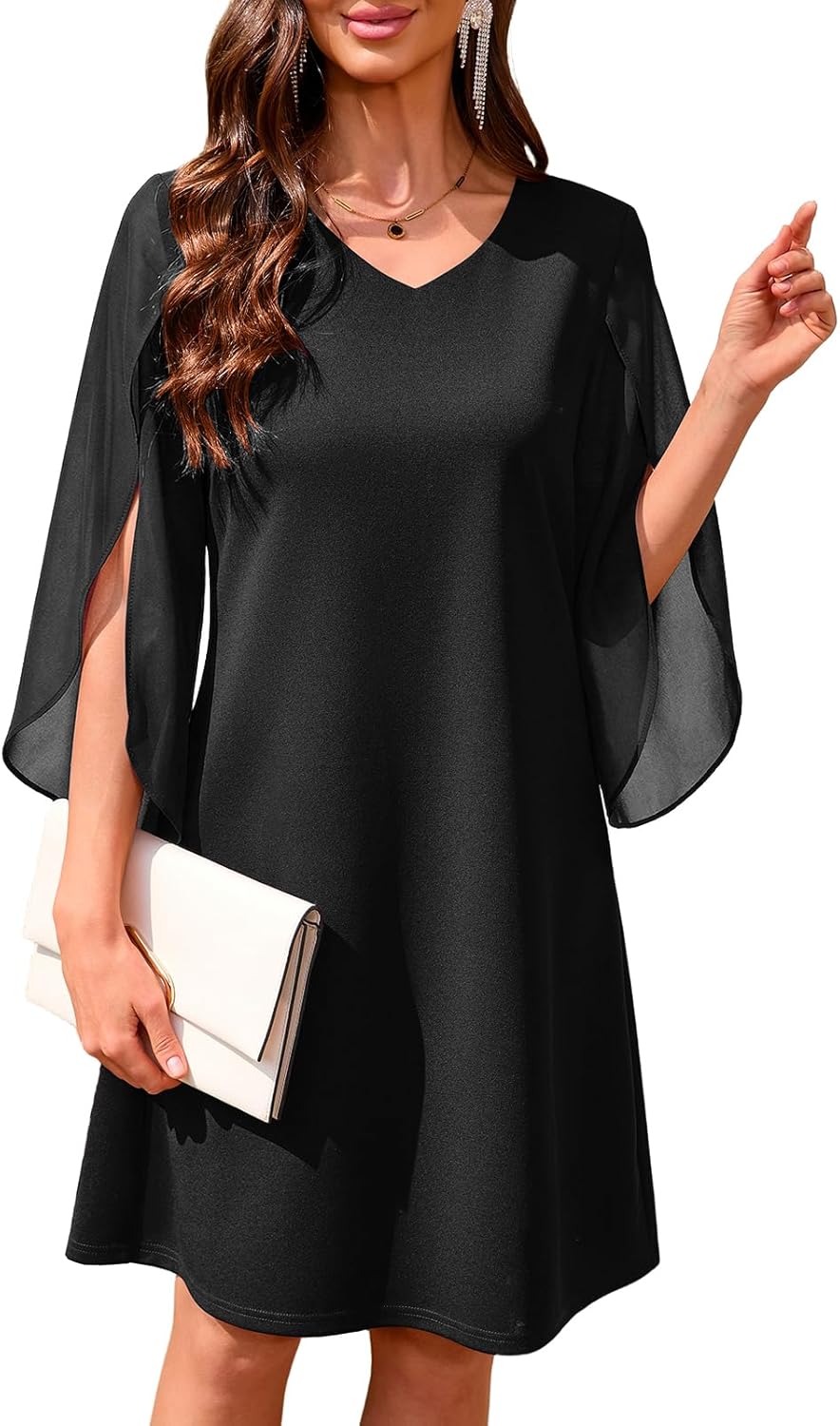 oten Women's V Neck Flutter Chiffon Sleeve Cocktail Semi-Formal Wedding Guest Party Dresses