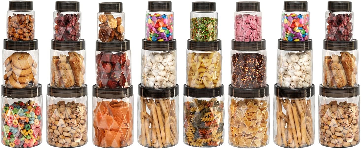 Diamond Plastic Kitchen Storage Containers Set of 24 with Lids (8 x 300ml, 8 x 650ml, 8 x 1200ml), Clear For Grains, Pulses, Spice, Cereals, Cookies, Dry Fruits | Fridge Storage Container