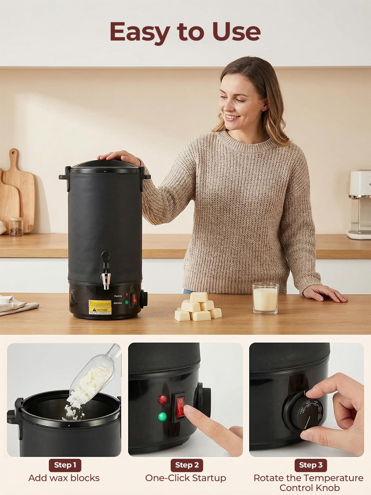 FOHERE Set per la creazione di candele fai da te, in acciaio inox, 1520 W, con custodia in pelle e spatola per la pulizia da 28 cm, per cera di soia, cera d'api, candele profumate fai da te