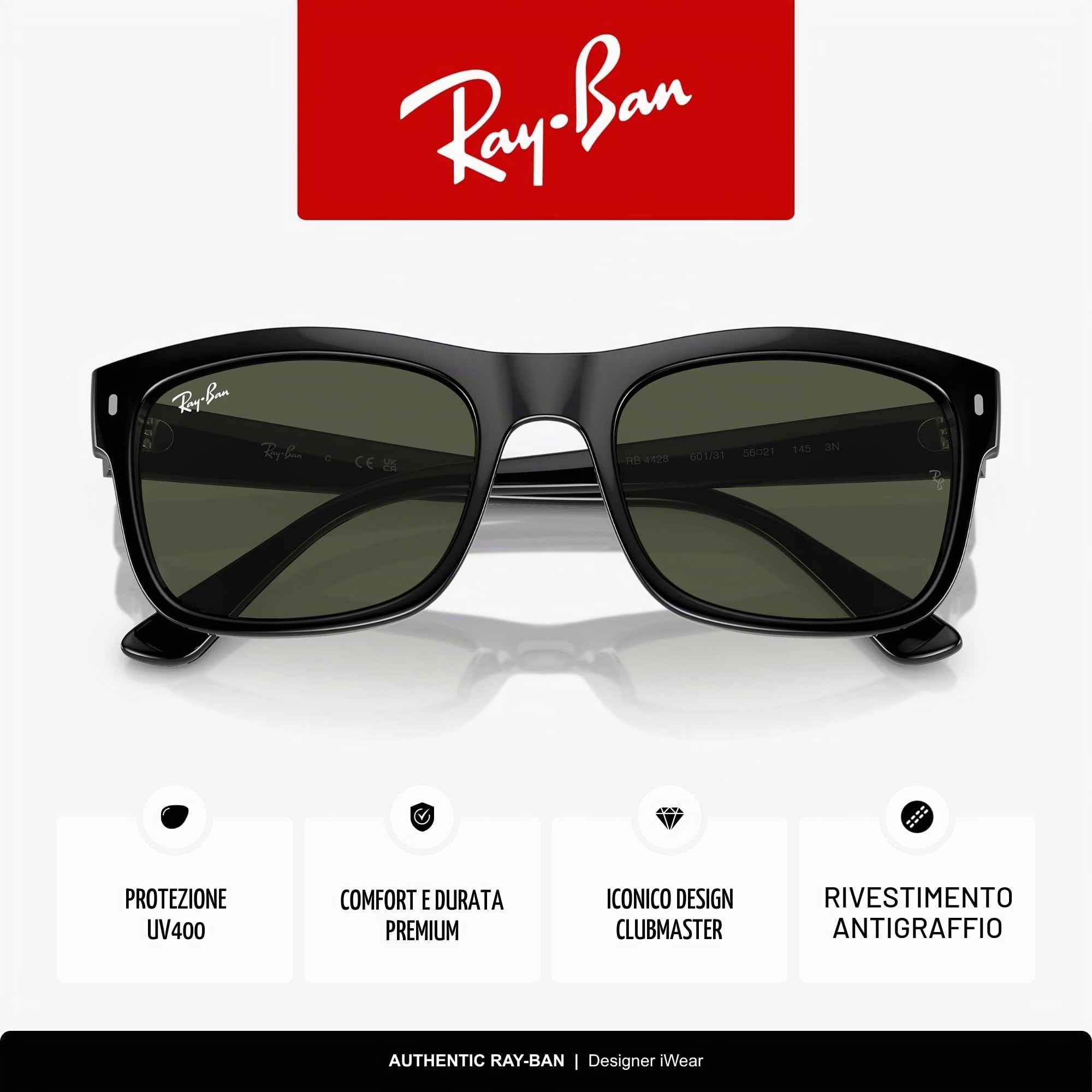 Ray-Ban RB4428 601/31 Nero con lenti Verdi Misura 56