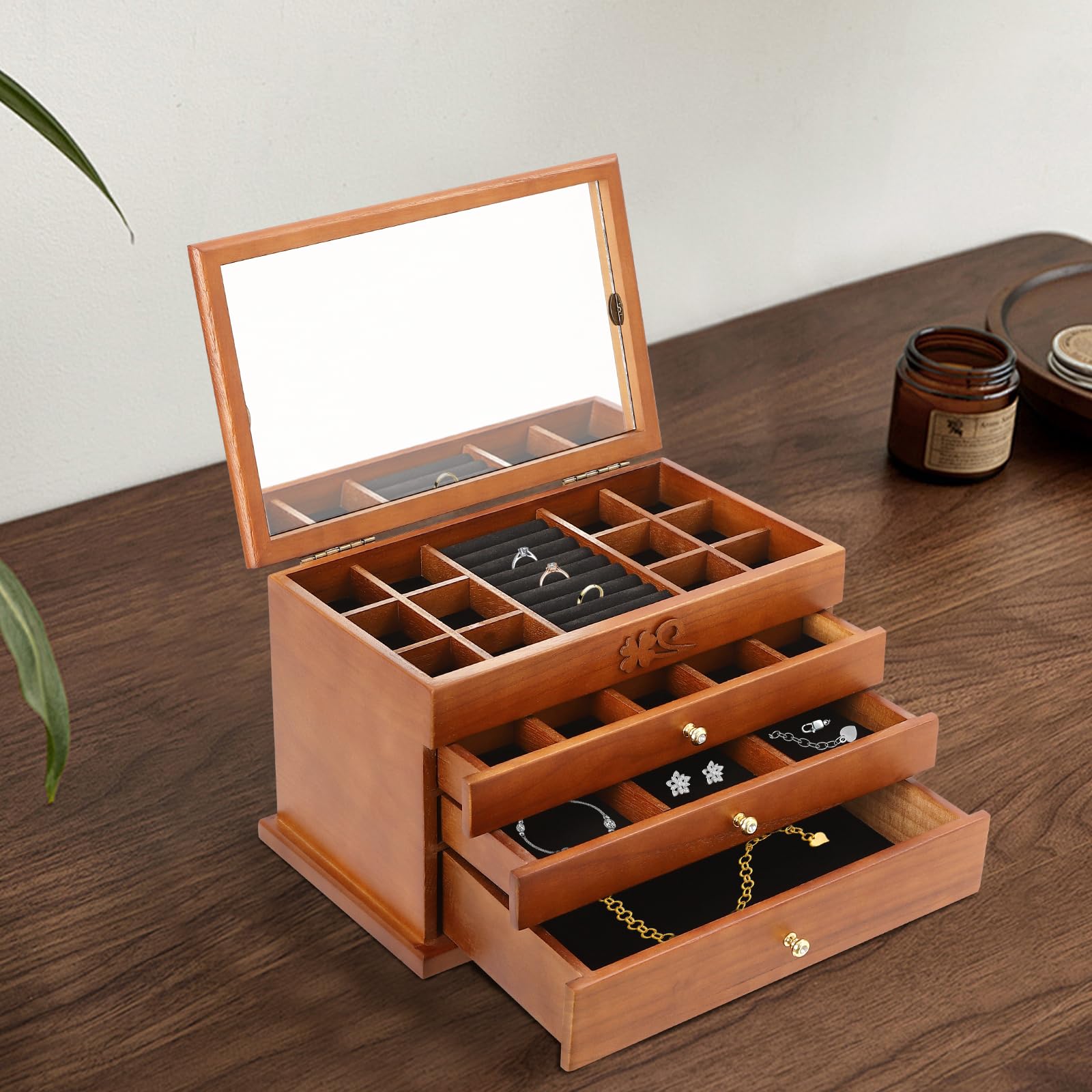 Schmuckkästchen, Holz-Schmuckaufbewahrung Organizer mit Spiegel, 4 Etagen Schmuckkasten Groß mit 3 Ausziehbare Schubladen, Schmuckschrank für Uhren, Ringe, Halsketten, 31 * 19.3 * 19.7cm