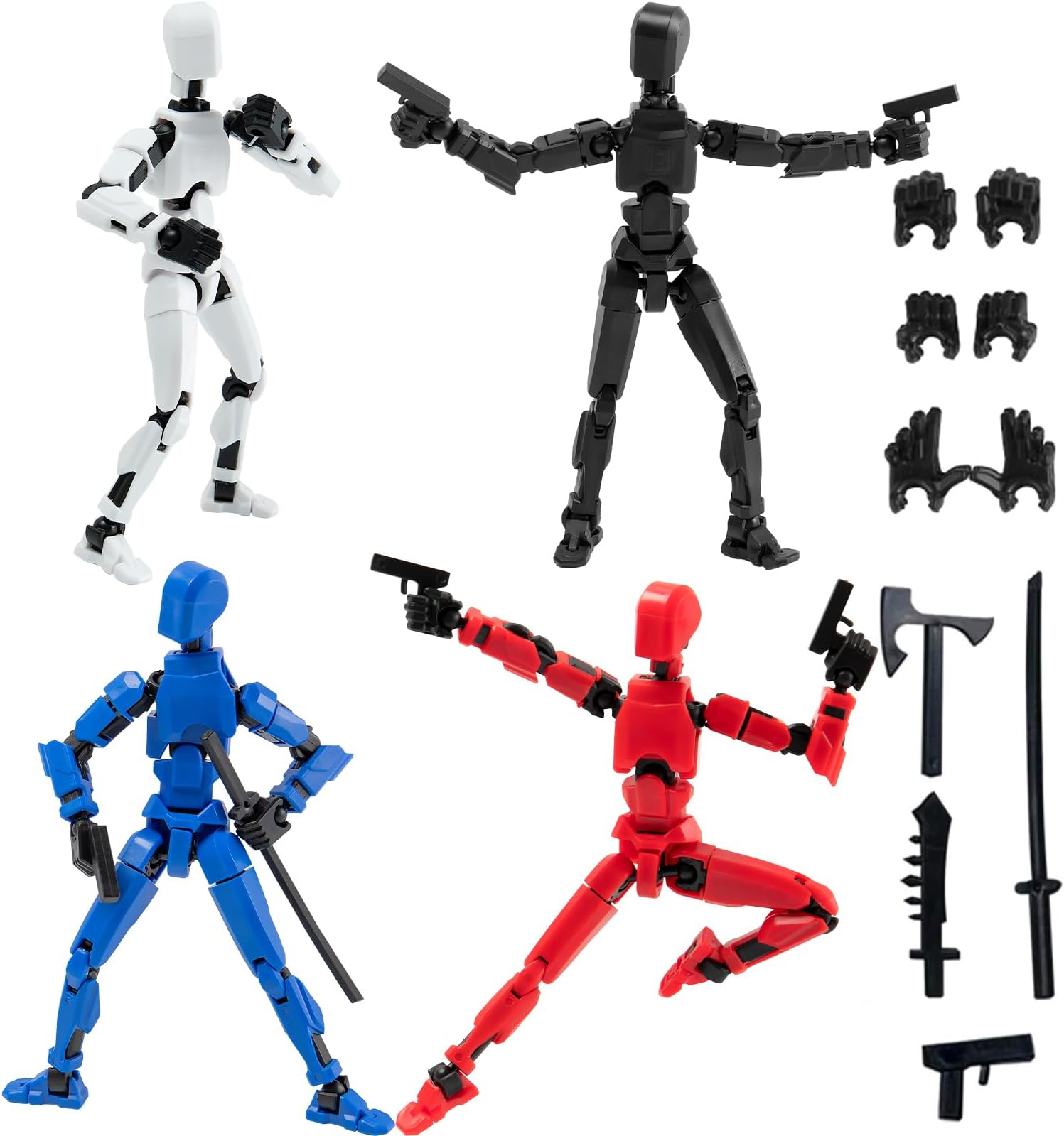 4PCS Assembled Titan T-13 Action Figures Set - Robot Action Figure Fidget Toys for Boys Lucky Dummy Nova N13 Anime Figures with Multi Movable Joints Toys for Kids (White+Black+Blue+Red)