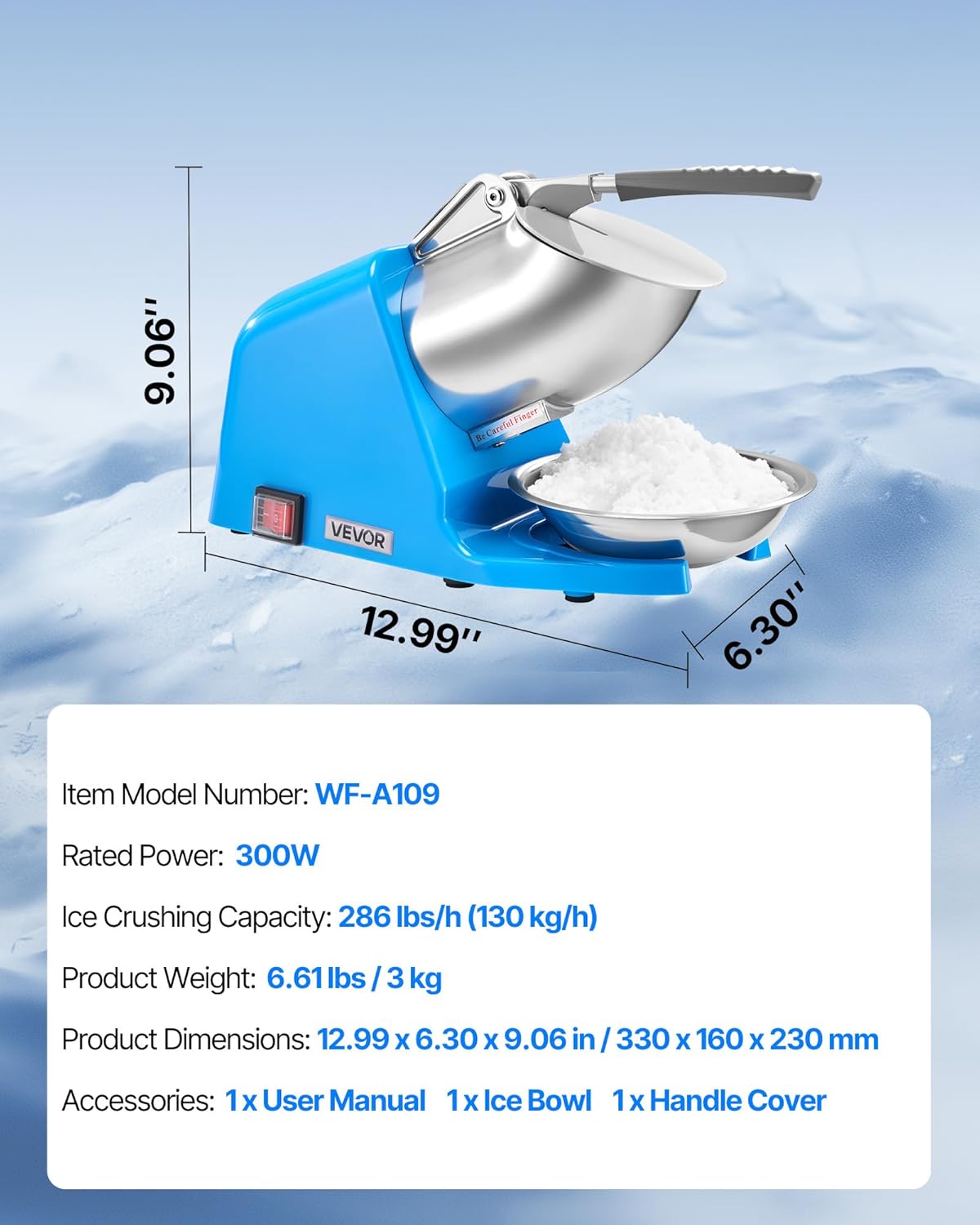 Diagram showing the dimensions and key specifications of the VEVOR Ice Crusher Machine