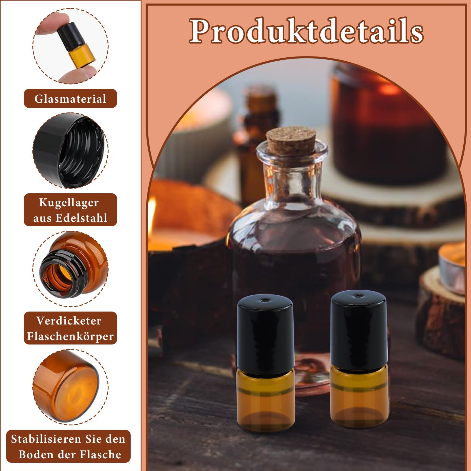 52 pièces Mini Rouleaux de verre brun, 2ml rouleau sur des bouteilles de verre avec des balles de rouleau en acier inoxydable, Rouleau de verre en ambre, pour les huiles, mélanges d'aromathérapie