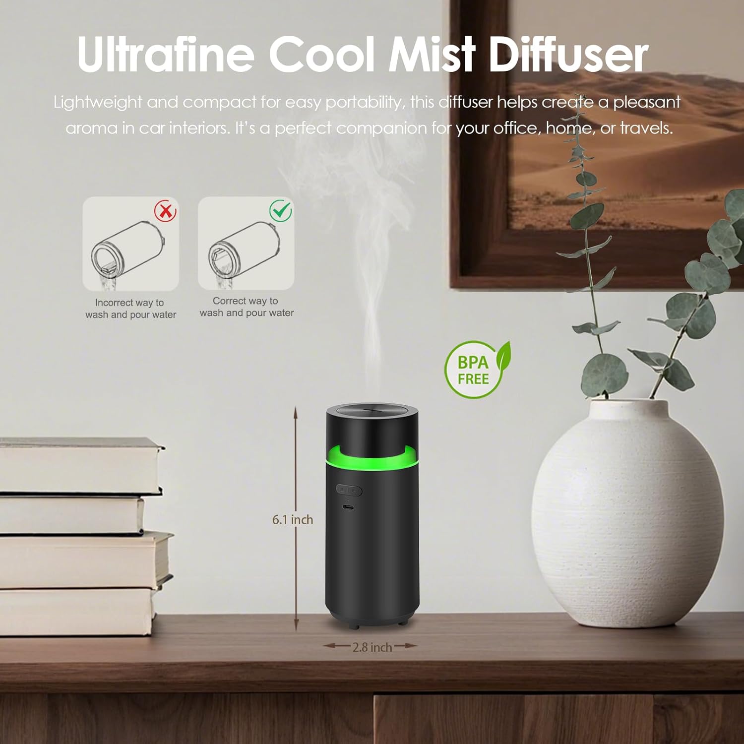 HODEMI Portable Smart Car Essential Oil Diffuser,Cordless Mini Cold Mist Aromatherapy Air Freshener Diffuser with Mode Memory,Auto On/Off,4/8 Timer Modes,for Bedroom Office and Travel (Black) - Image 3