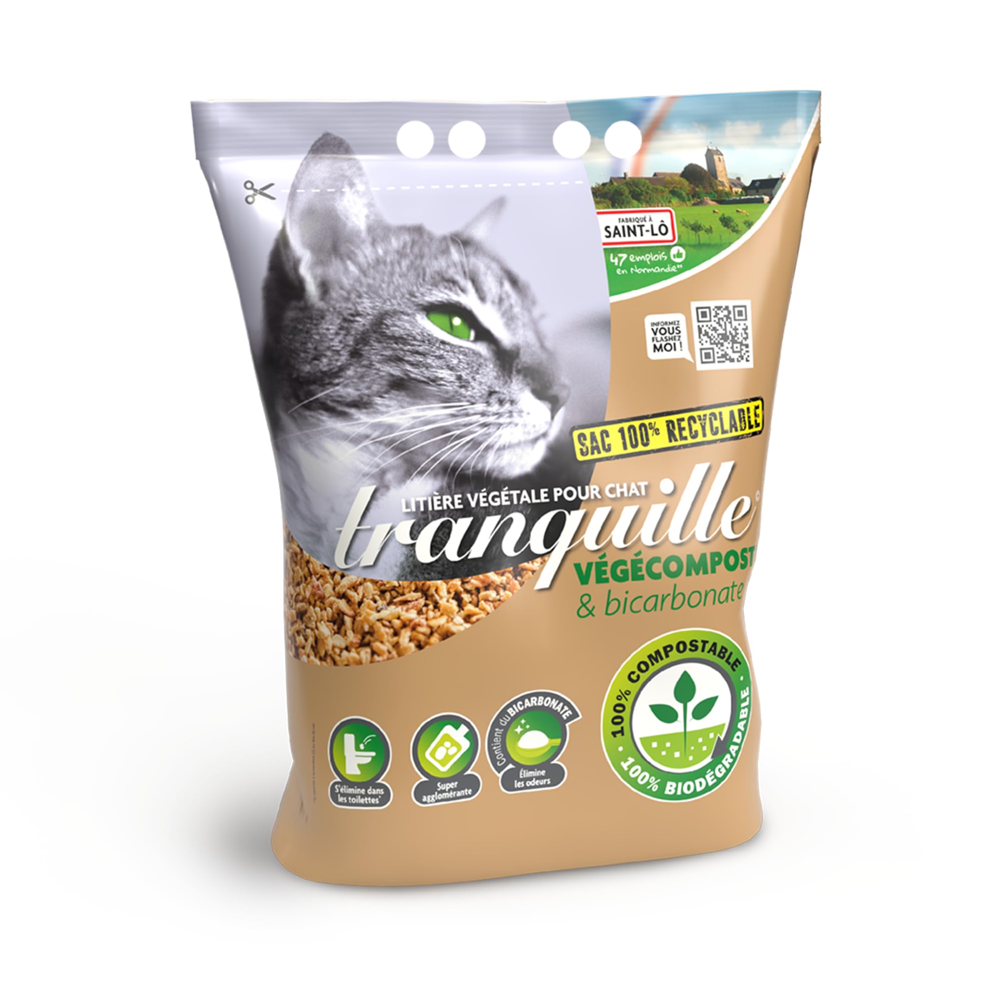 Tranquille - Litière végétale pour Chat agglomérante Vegecompost 4 litres - Lot de 4