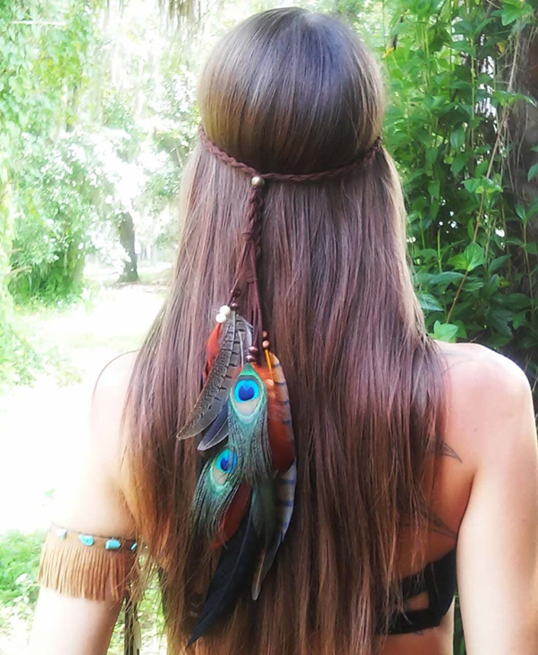 Zoestar Boho Peacock Feather Headband Vintage Indian Headpiece Beaded Hippie Head Chain Bridal Festival Hair Jewelry Tribal Hair Accessories for Women and Girls