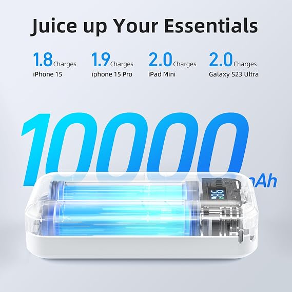 MOKiN Portable Charger, 10000mAh 30W Power Bank Fast Charging, Phone Battery Pack with Built in Cable, 4 Outputs, Travel Compact Powerbank USB C for iPhone iPad Pro MacBook Air Samsung