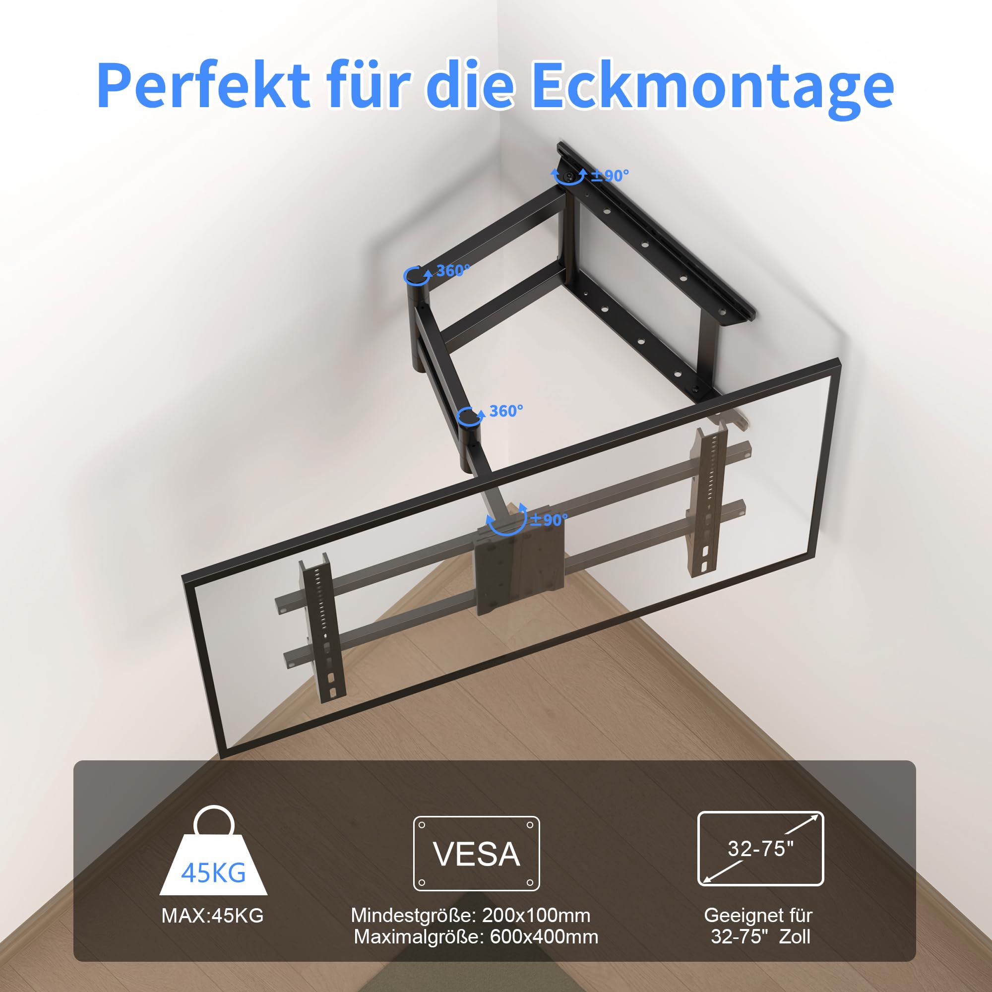 XINLEI Soporte TV Pared con Brazo Articulado Extralargo de 741mm para Pantallas Planas/Curvas de 32-75", Movimiento Completo con Inclinación -10°/+5° y Giro ±90°, VESA Máx 600x400mm, hasta 45kg