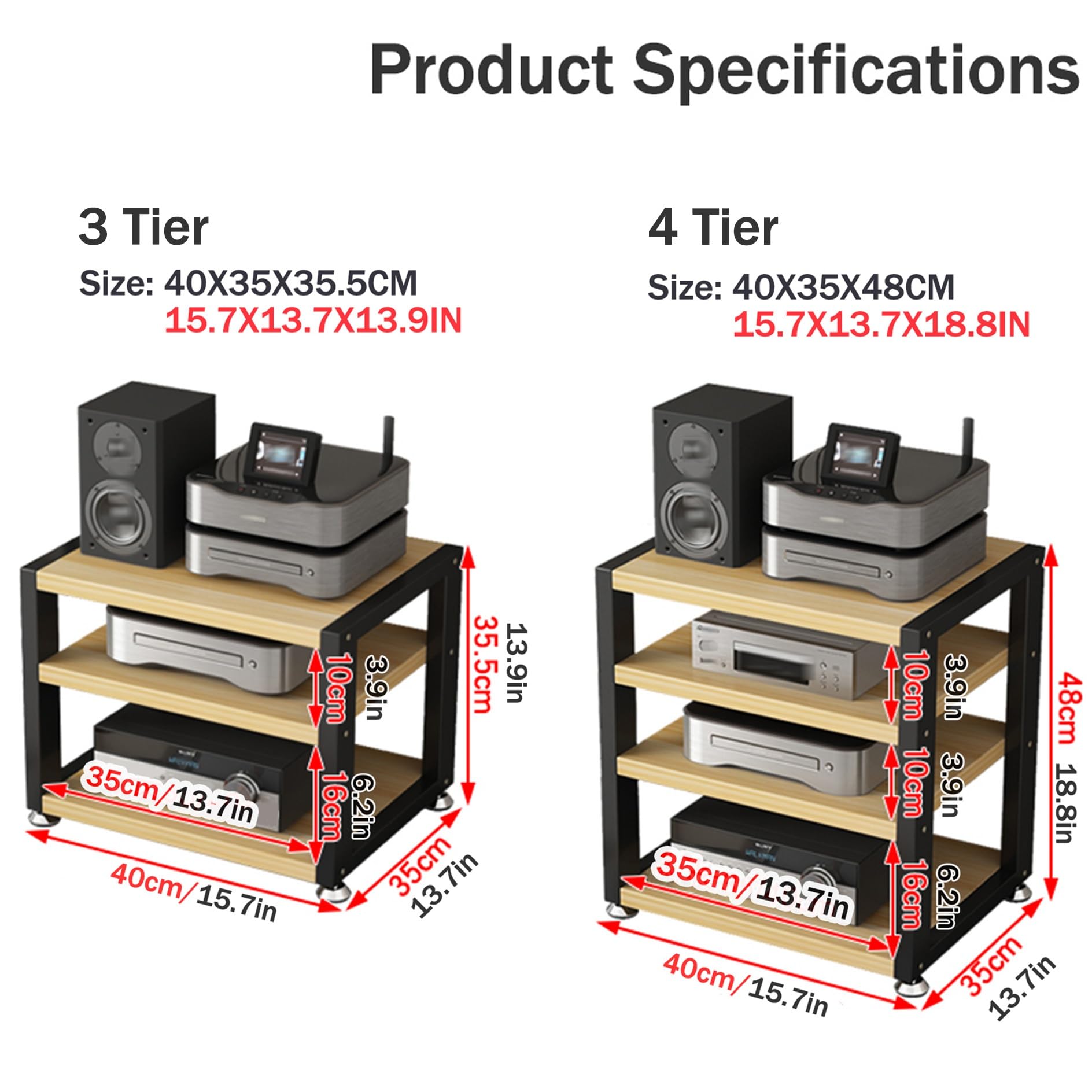 Mueble Equipo Hifi,Soporte Altavoz de 3/4 Niveles,Mueble Tocadiscos,Soporte Multimedia de Madera y Metal,Estante de Audio,Mueble de TV,Estantes y Soportes de alta Fidelidad,para Hogar Familia(Black+Te