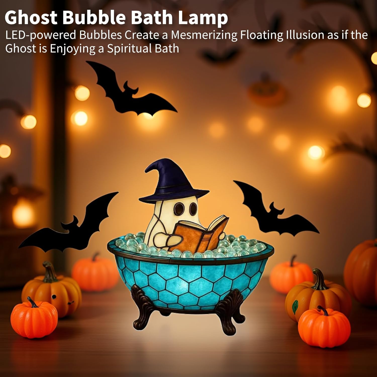 Ghost Bubble Bath Lamp, Ghost Night Light Halloween Decor Indoor Cute Ghosts Rading Book Lamp Battery Powered Figurine Lamp for Spooky Indoor Bathroom Decor (2 Pack)